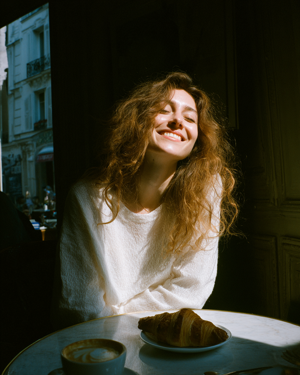 Uma jovem sorridente com cabelo cacheado, sentada em uma mesa de café iluminada pelo sol, com um croissant e um café ao seu lado. A cena captura a atmosfera acolhedora de um café parisiense, destacando a alegria e a simplicidade de momentos cotidianos.
