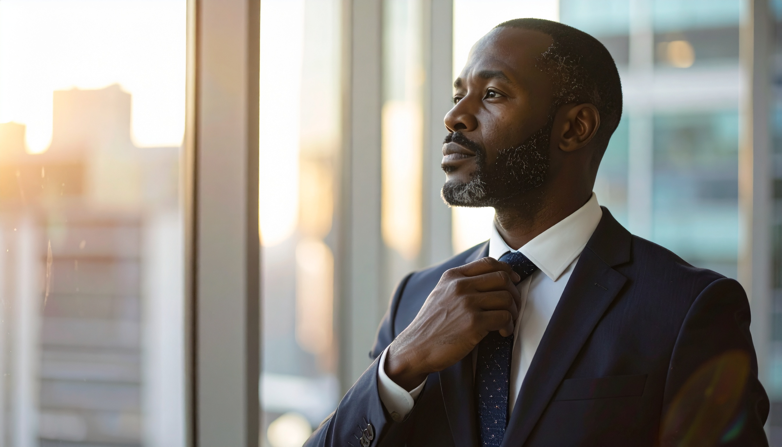 Elegant Man in Suit Adjusting Tie in Corporate Environment