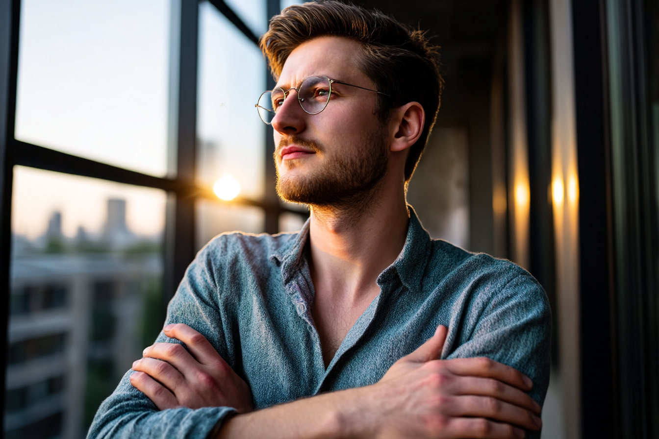 Homem contemplativo com óculos observa o horizonte através de janela ao pôr do sol, com luz dourada refletindo no rosto, transmitindo tranquilidade e introspecção.