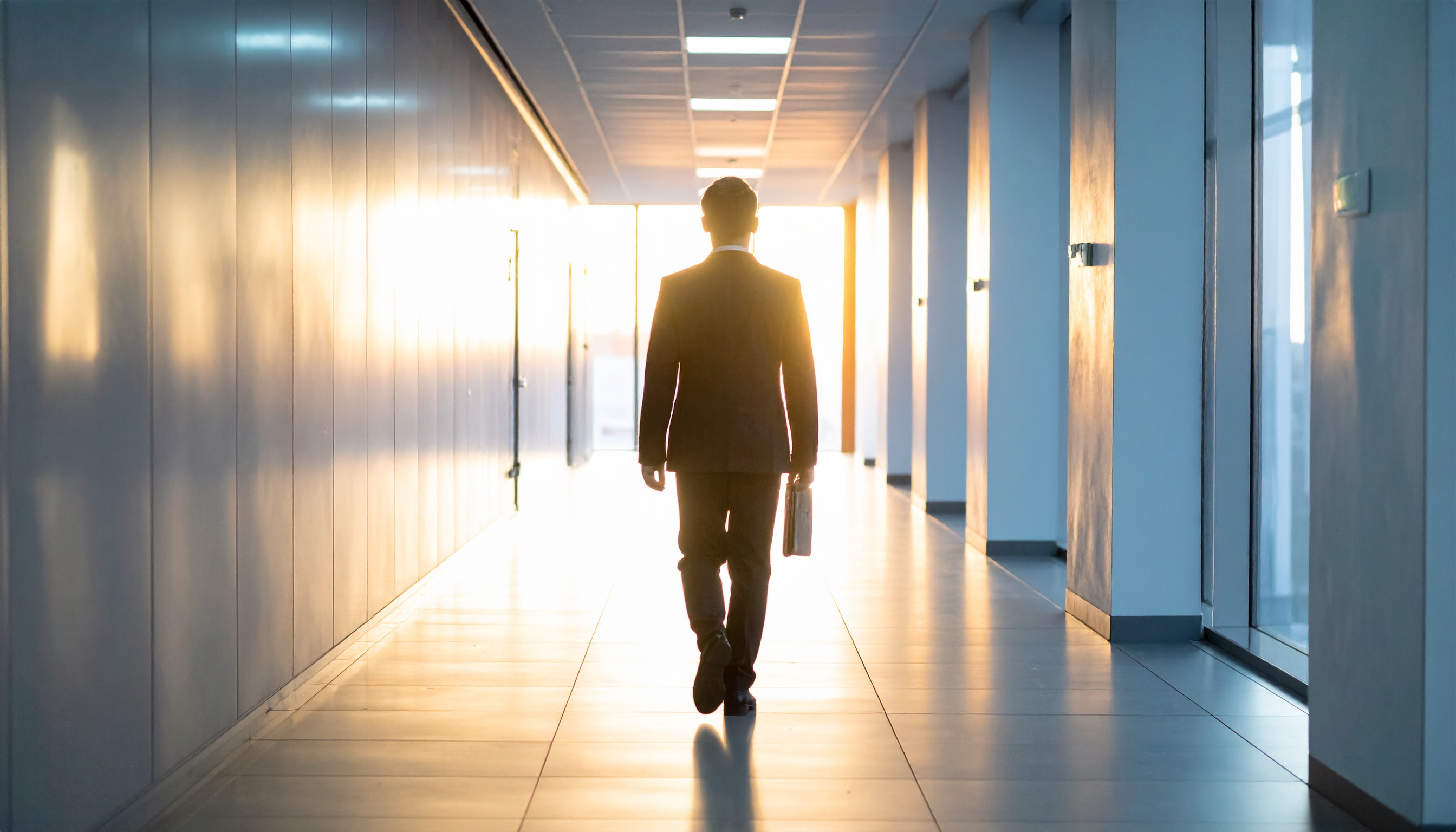 Homem em traje formal caminha por um corredor moderno e iluminado por luz solar intensa ao fundo. A composição simétrica e o ângulo de câmera baixo proporcionam profundidade, enquanto reflexos nas paredes criam um ambiente corporativo e dinâmico.