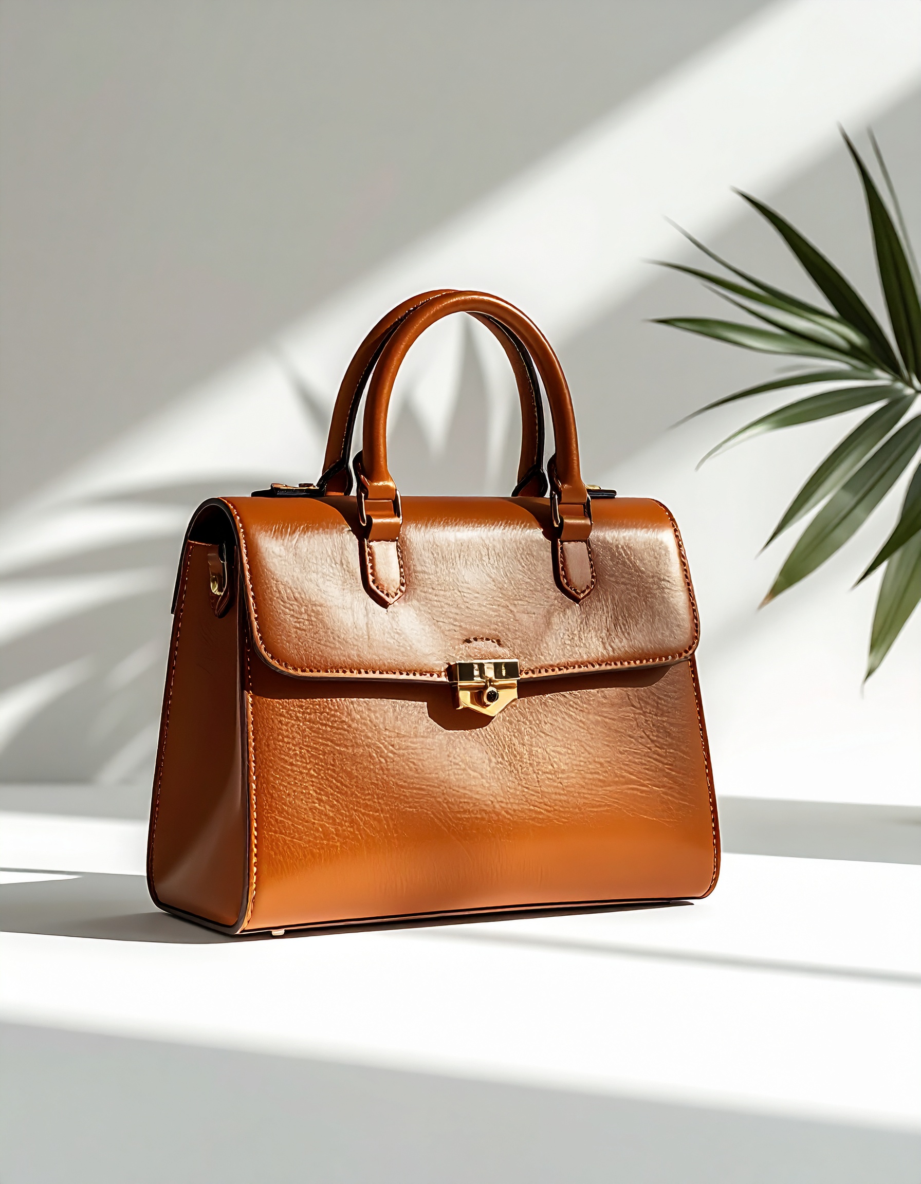 Bolsa de couro marrom em estilo clássico, com alça robusta e fecho metálico dourado, posicionada em fundo branco com sombras projetadas por uma planta, criando um contraste elegante e sofisticado. A iluminação natural destaca a textura do couro e o design minimalista, enquanto o ângulo lateral frontal oferece uma visão clara dos detalhes.