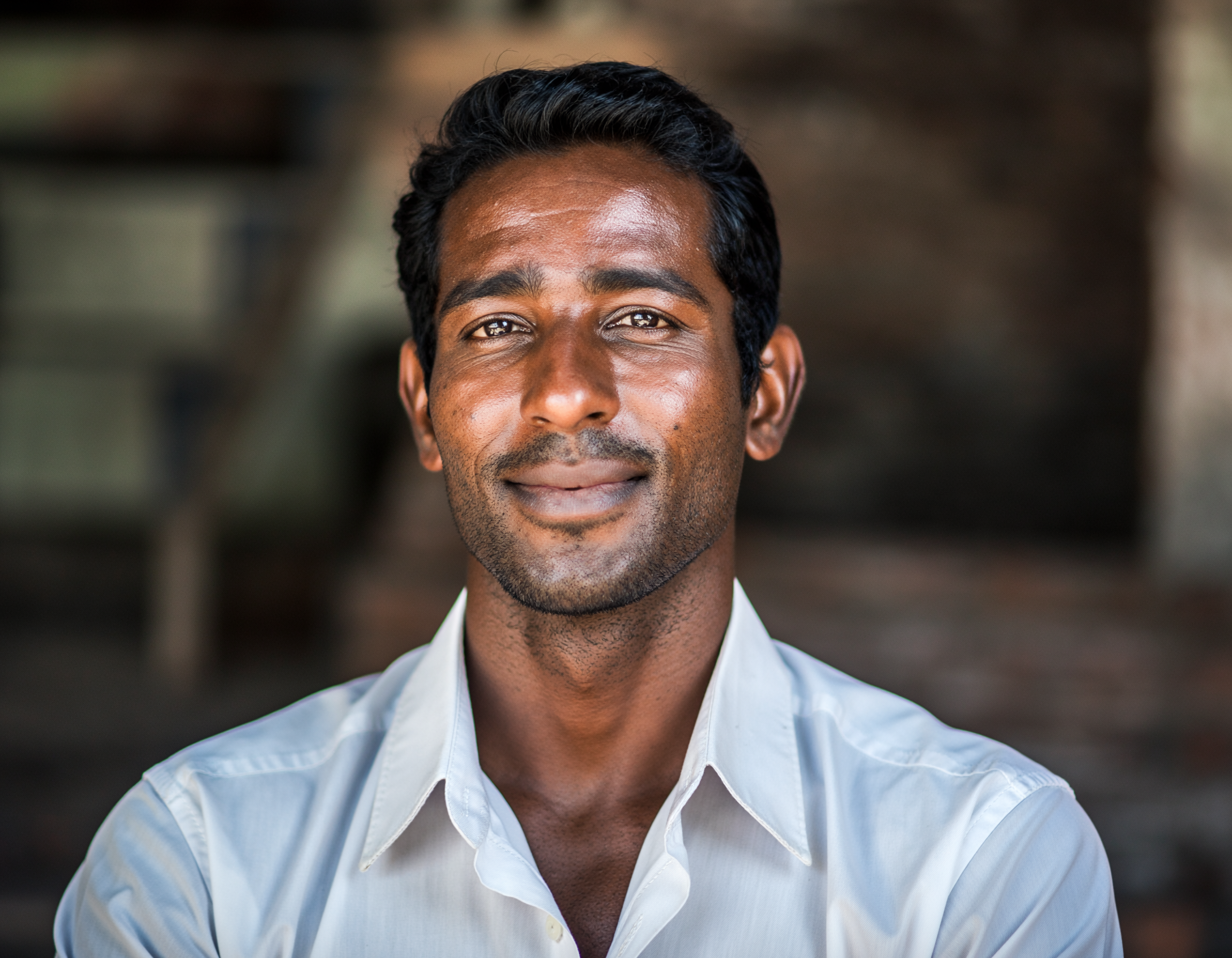 Retrato de um homem sorridente com camisa branca, em foco nítido contra um fundo desfocado e escuro. A iluminação suave destaca suas expressões faciais, criando uma atmosfera amigável e acolhedora, com composição centrada e foco no rosto.