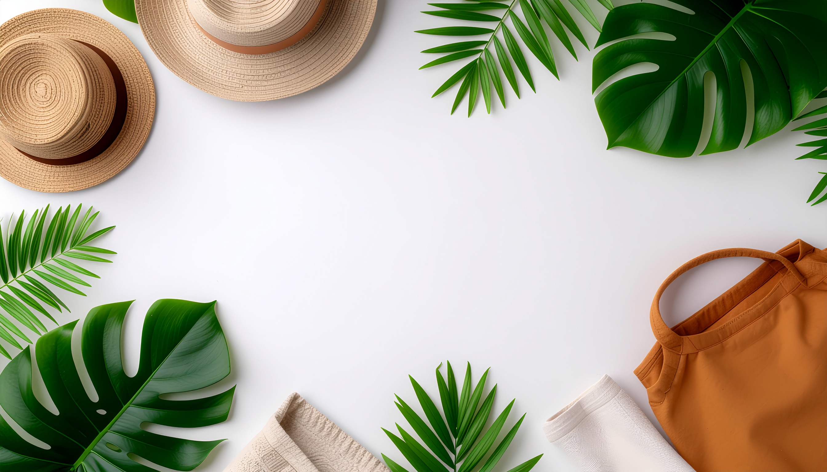 Composição minimalista com chapéus de palha bege, folhas verdes tropicais e bolsa laranja sobre fundo branco, criando atmosfera de verão e frescor.
