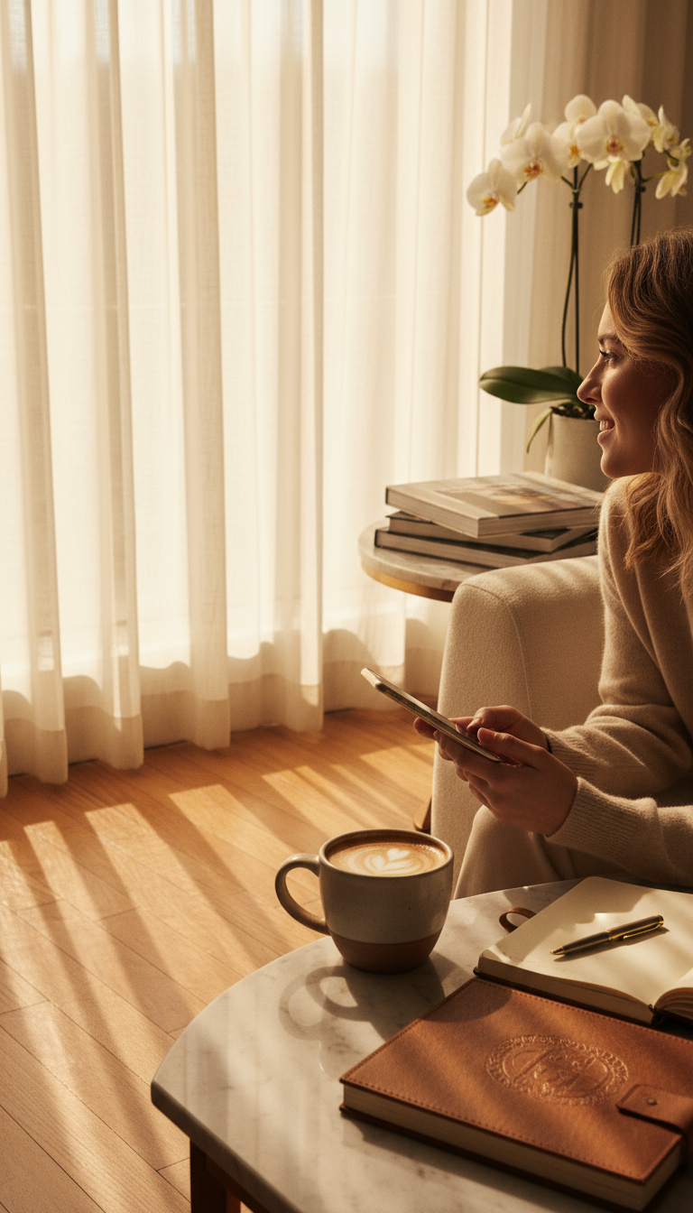 Uma mulher relaxa em uma poltrona confortável, segurando um smartphone enquanto aprecia um cappuccino. O ambiente sugere um espaço dedicado ao conforto e à reflexão, ideal para momentos de pausa e inspiração. A luz suave atravessa cortinas brancas, criando sombras delicadas no chão de madeira. Essa cena é perfeita para manhãs tranquilas ou tardes de descanso com um toque de elegância. A combinação de elementos como livros, flores e um caderno de couro adiciona um charme sofisticado ao ambiente.