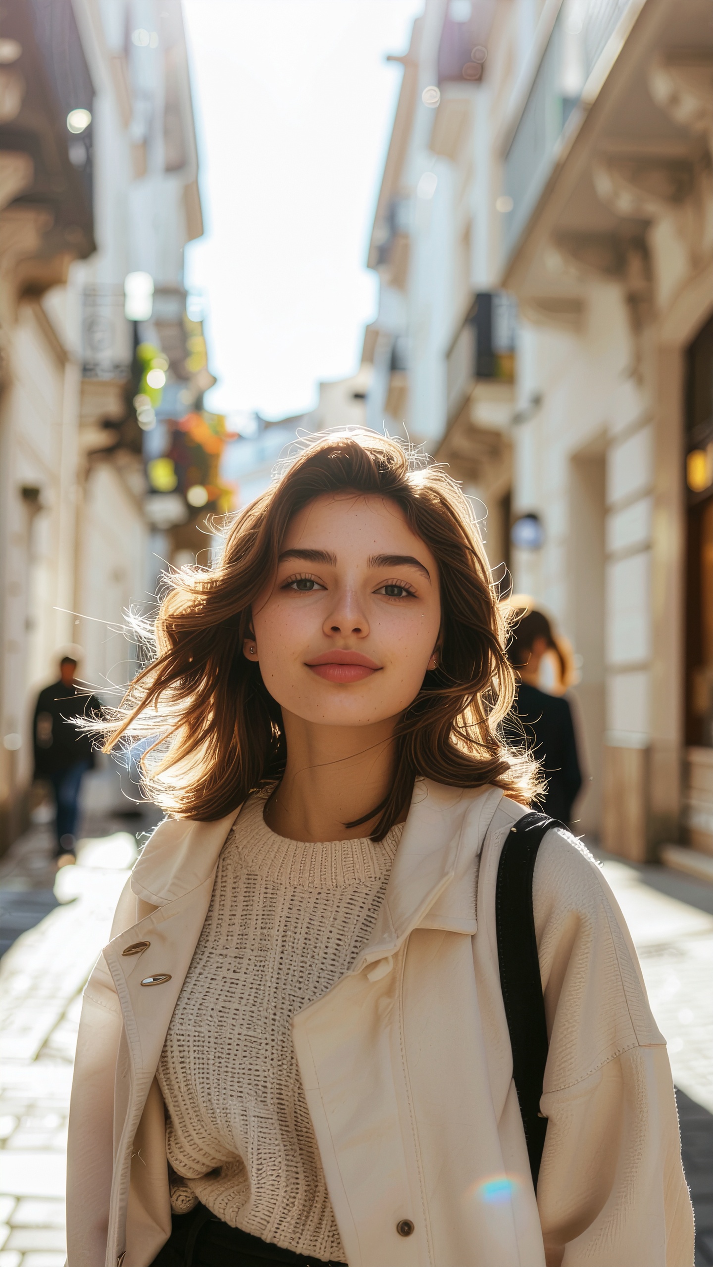Jovem mulher caminhando por uma rua ensolarada, capturando a essência de um dia tranquilo na cidade. A cena transmite uma sensação de liberdade e estilo casual, ideal para campanhas de moda urbana. Seu cabelo solto e a luz suave do sol criam um efeito visual atraente e natural. Essa imagem é perfeita para ser usada em redes sociais, blogs de moda ou materiais promocionais destacando o estilo de vida urbano. A atmosfera tranquila e a beleza natural da modelo oferecem um diferencial para marcas que desejam transmitir autenticidade.