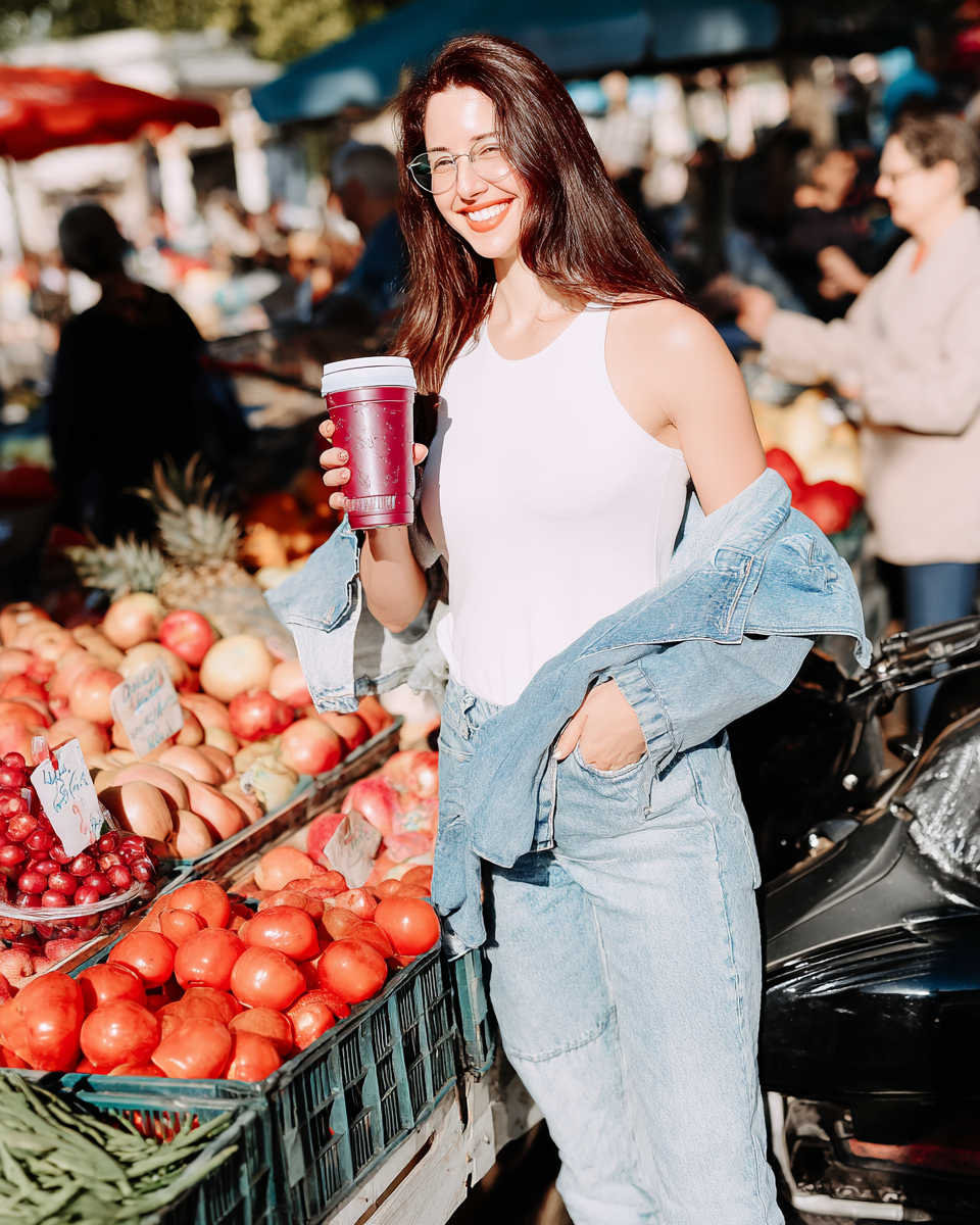 Mulher sorridente em mercado ao ar livre, segurando café em copo térmico. Vestida casualmente, com jaqueta jeans. Frutas frescas ao redor criam um ambiente colorido e vibrante sob luz solar intensa. Composição natural e espontânea em foco nítido.