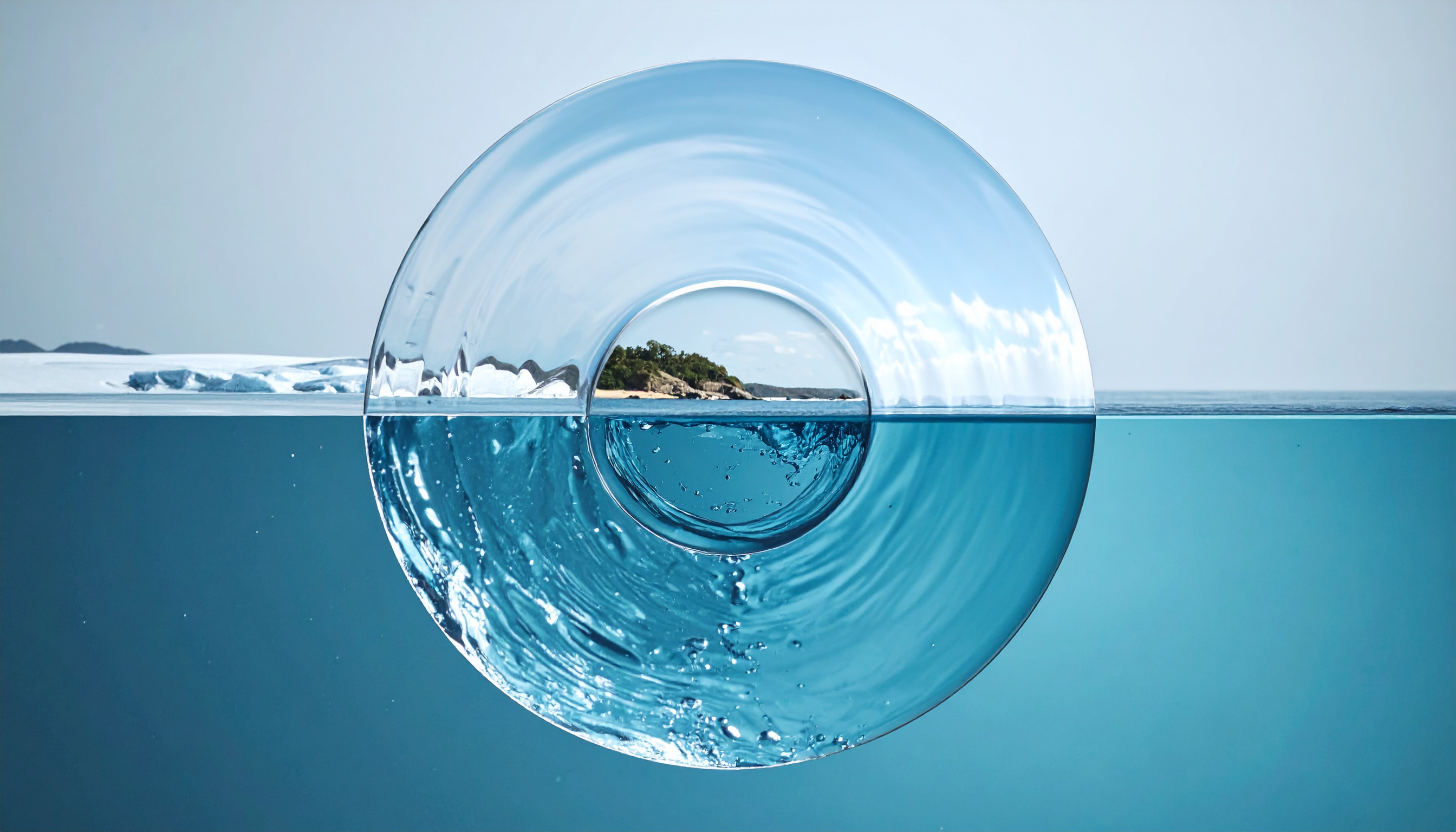 A transparent glass donut hovers over the ocean, capturing an island view