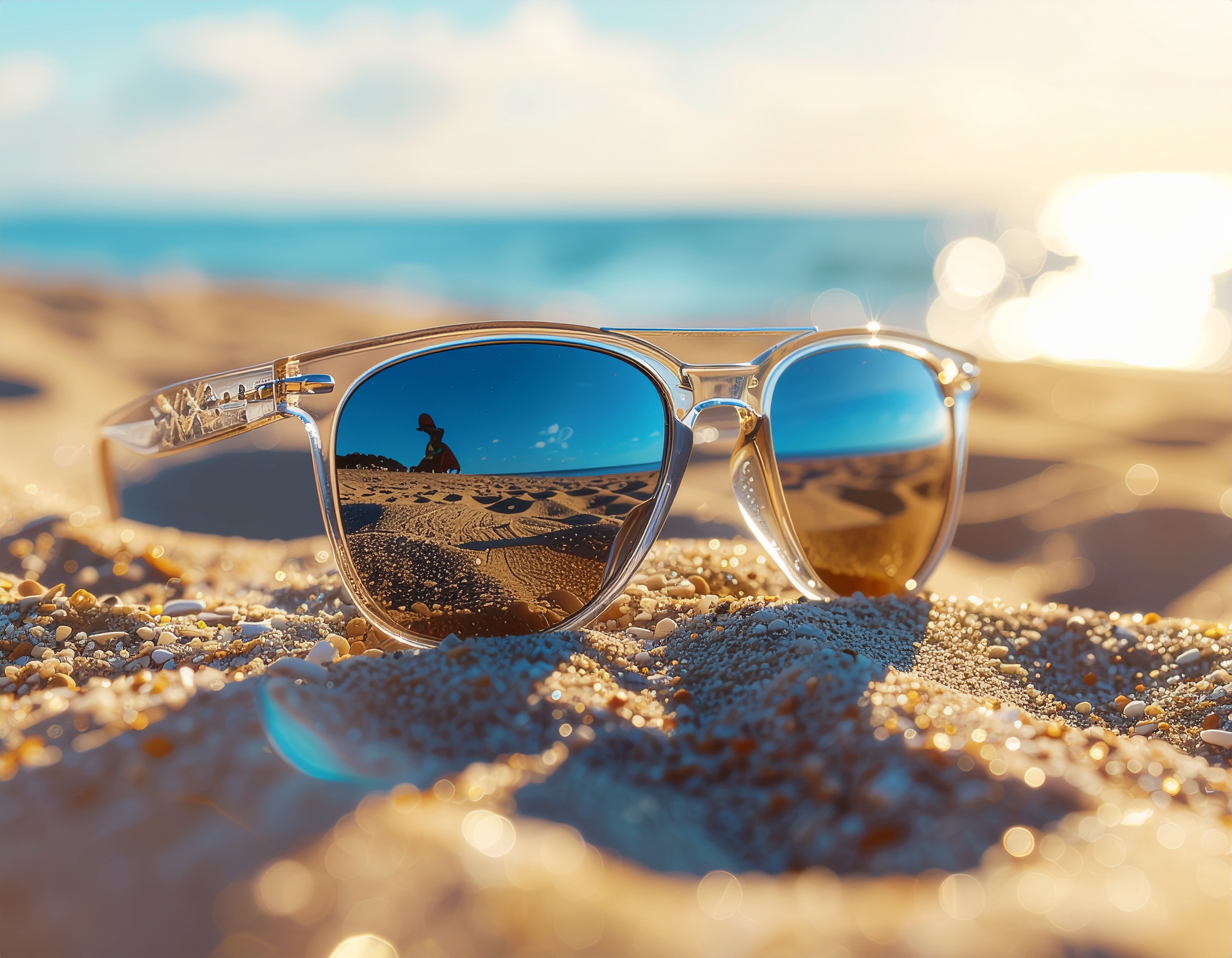 Óculos de sol repousam sobre a areia da praia, refletindo um céu azul claro e a silhueta distante de uma pessoa, evocando uma sensação de verão relaxante e liberdade à beira-mar.