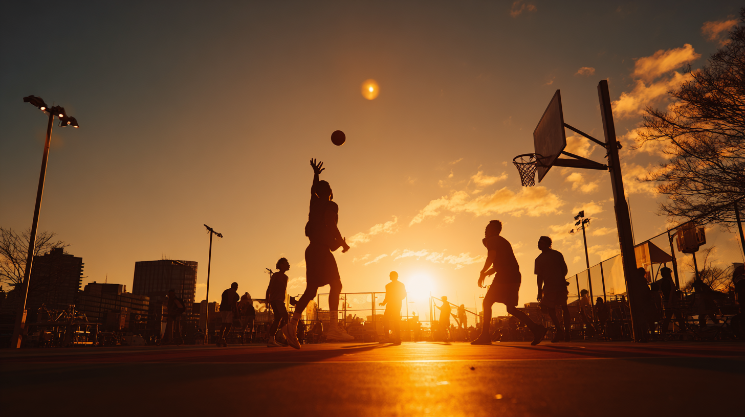 Silhuetas de jogadores de basquete em uma quadra ao ar livre durante o pôr do sol, com um céu laranja e nuvens. A cena captura a energia do jogo e a beleza do ambiente urbano, com uma cesta de basquete visível ao fundo.