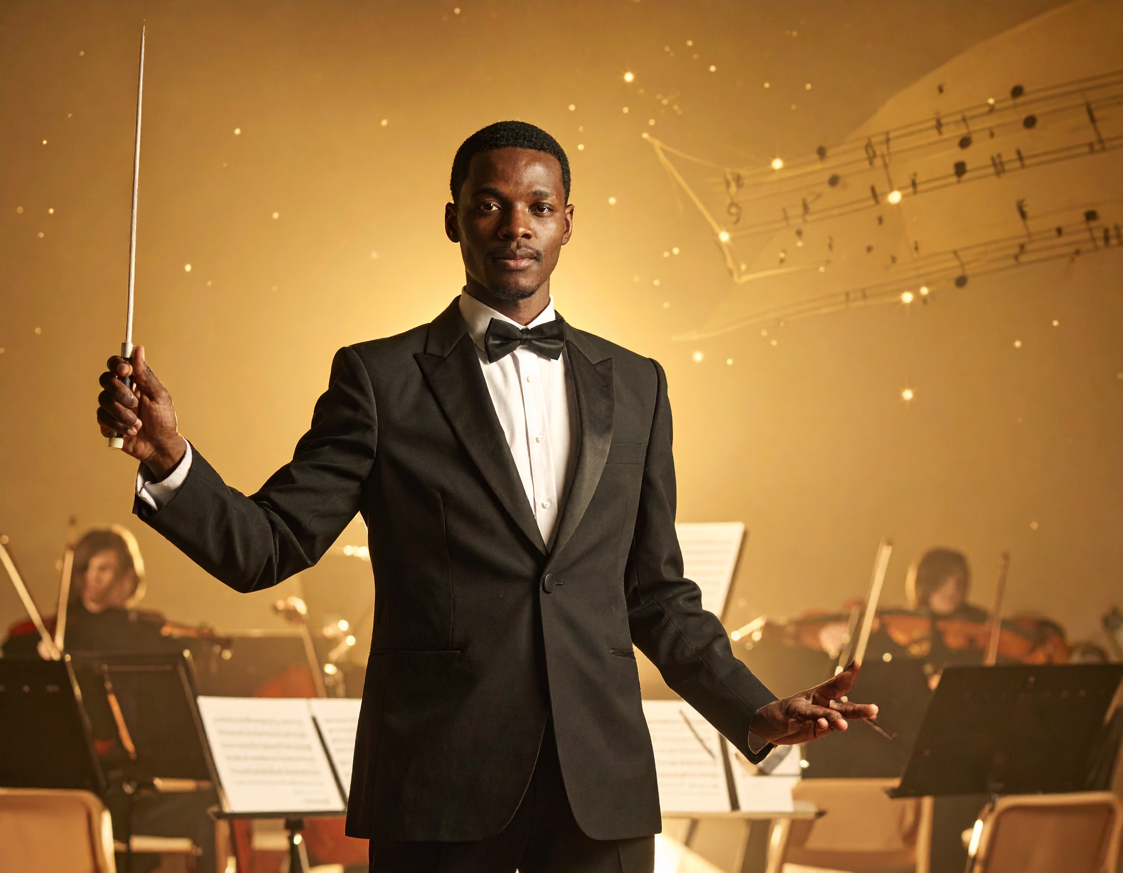 Maestro em traje formal conduz uma orquestra em um palco iluminado, transmitindo elegância e paixão pela música clássica, com partituras ao fundo criando uma atmosfera de concerto.