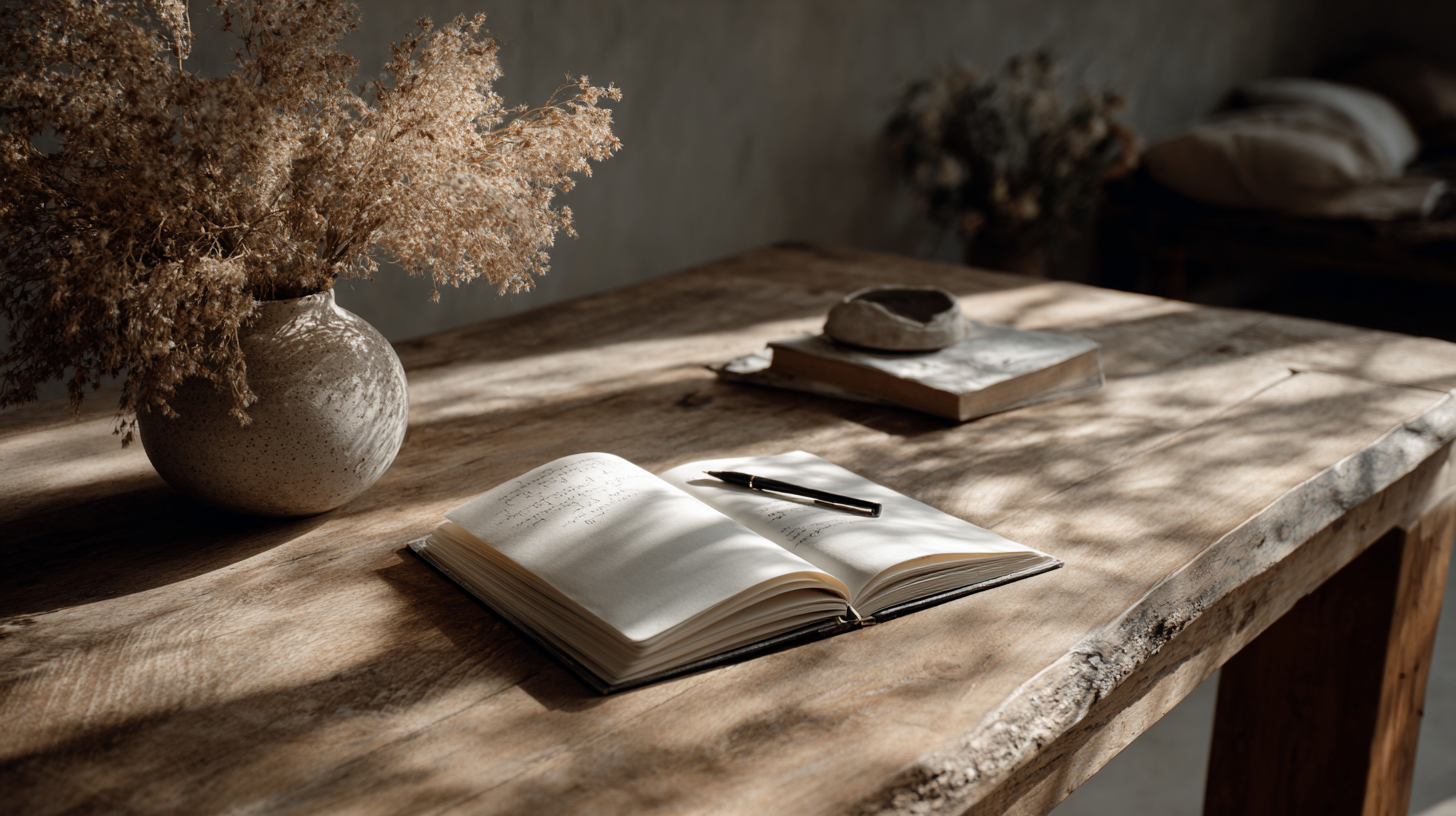 A imagem apresenta uma composição tranquila e rústica, com uma mesa de madeira clara e texturizada em primeiro plano. Um vaso de cerâmica com flores secas ocupa a parte esquerda da imagem, enquanto um caderno aberto e uma caneta preta estão centralizados na mesa. Um livro fechado e um pequeno objeto circular estão à direita, todos iluminados por uma luz suave que cria sombras sutis.