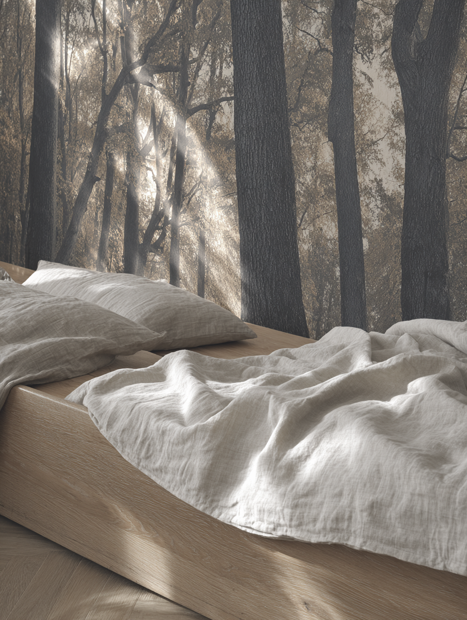 Quarto contemporâneo com cama de madeira clara, lençóis de linho e mural de floresta ao fundo, transmitindo tranquilidade e conexão com a natureza.