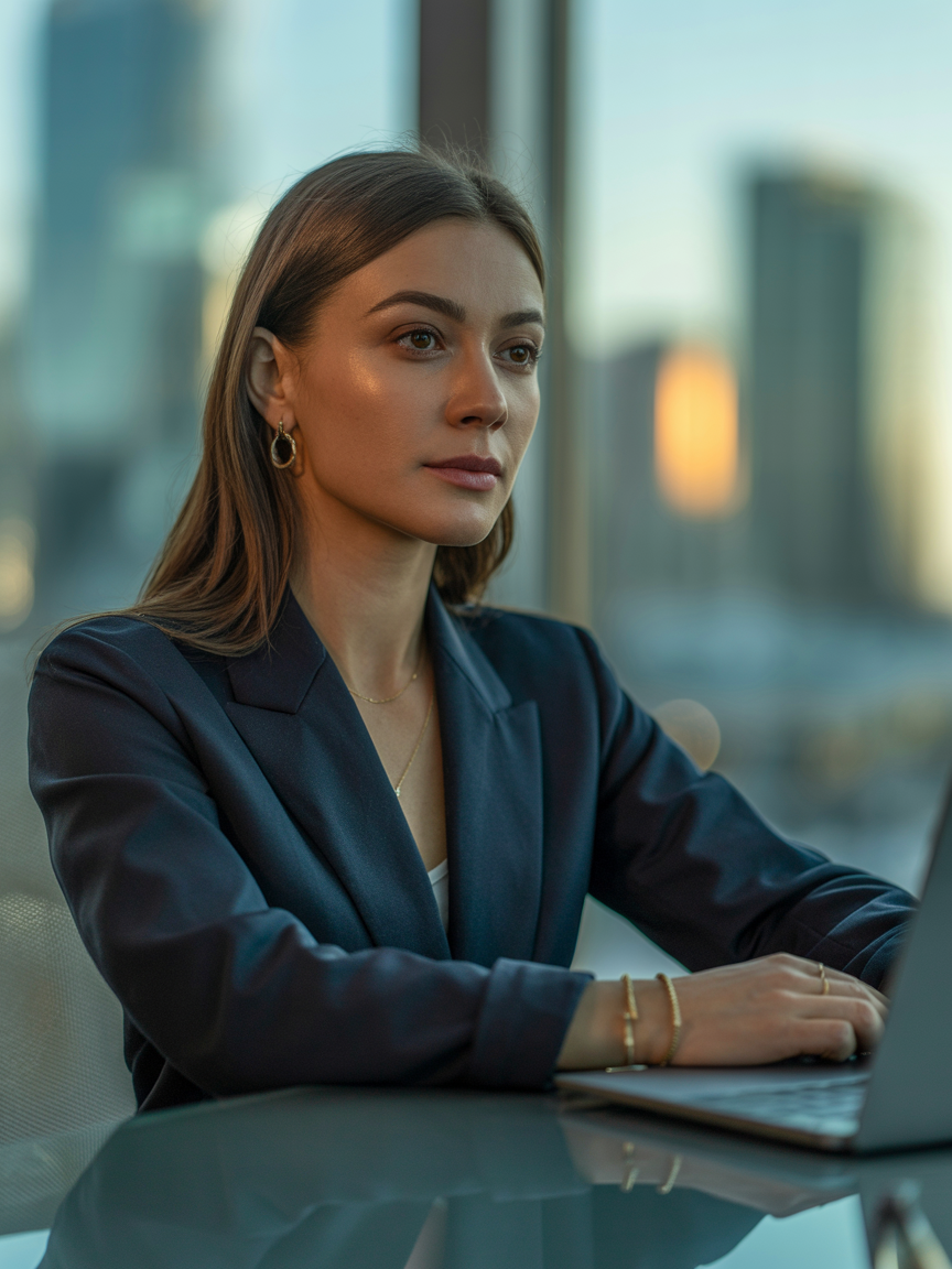 Professional woman in a business suit working at a laptop