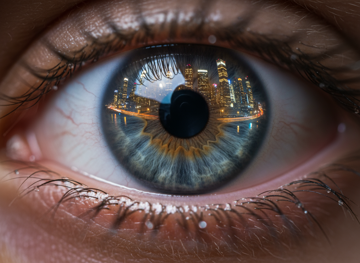 Macro Image of a Human Eye Reflecting a City at Night