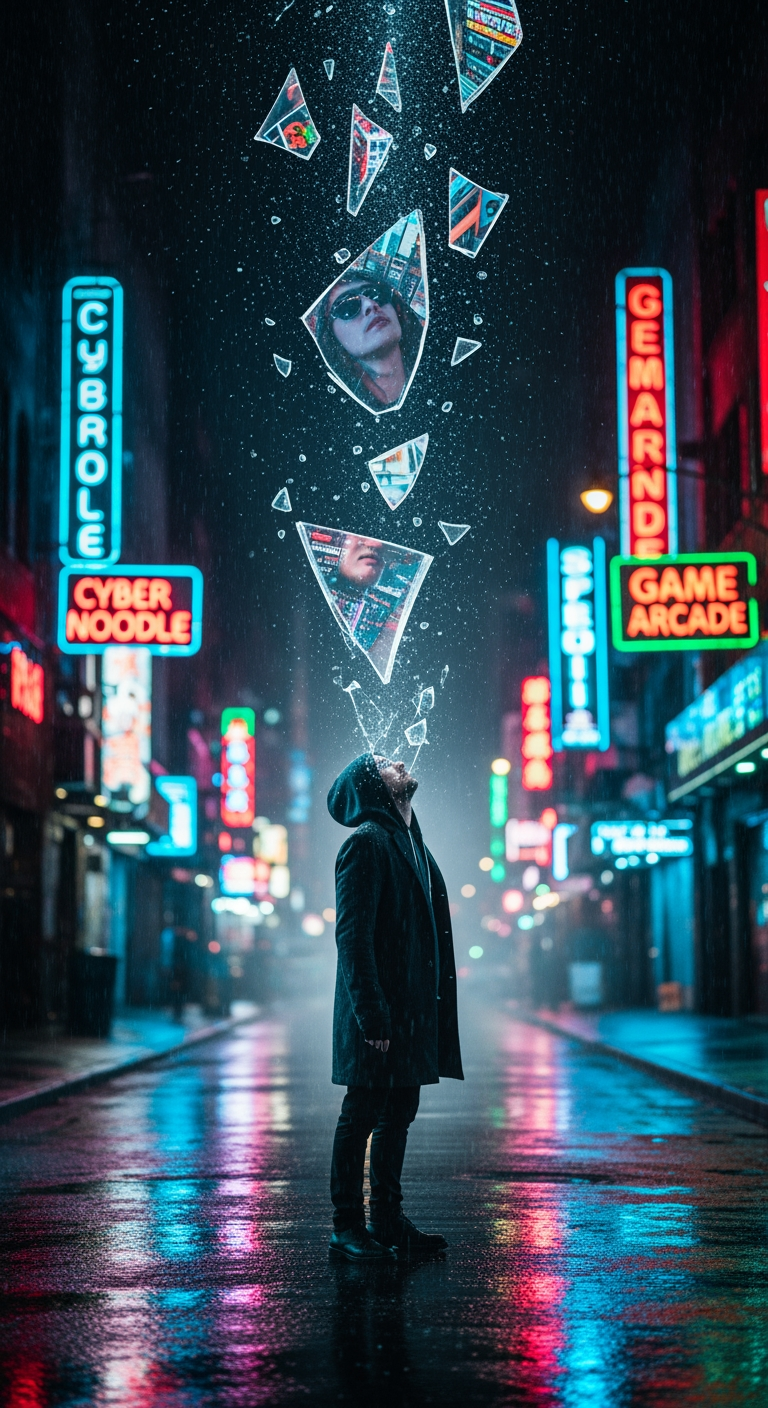 A person in a hooded coat stands in a neon-lit street with glass shards floating above