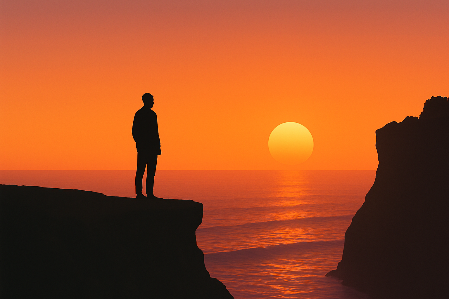A silhouette of a person stands against a stunning orange sunset over the ocean