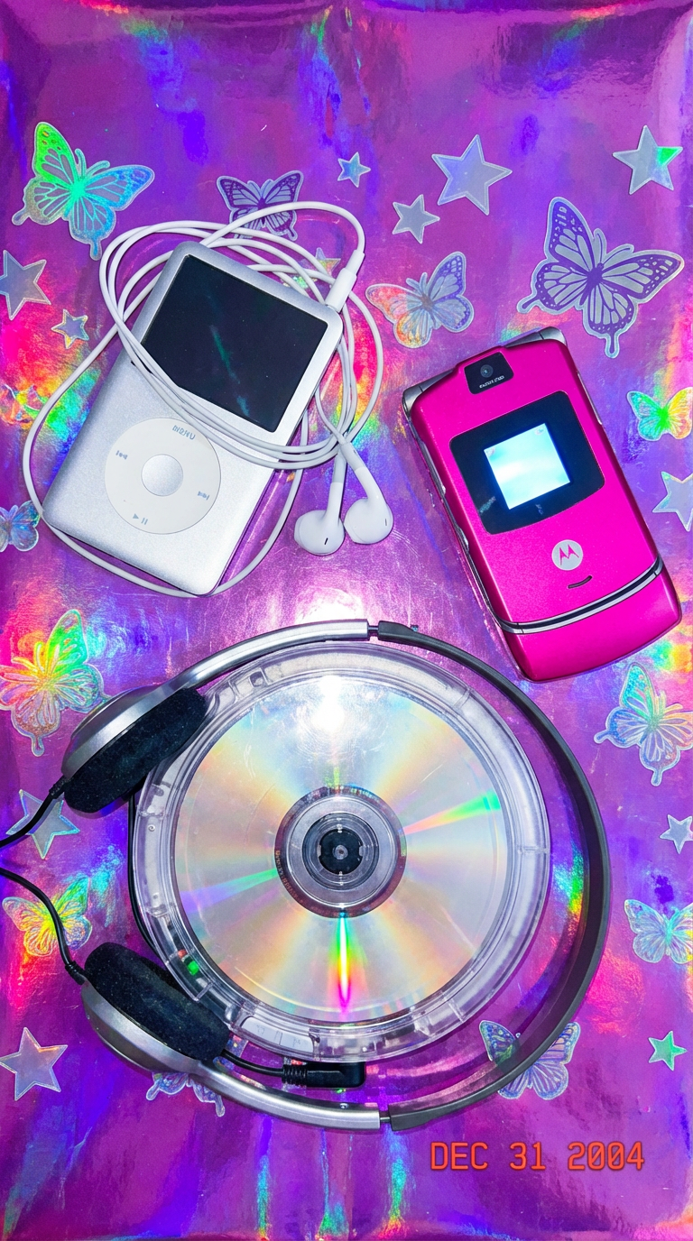 A nostalgic collection of early 2000s tech gadgets lies on a vibrant, holographic purple background