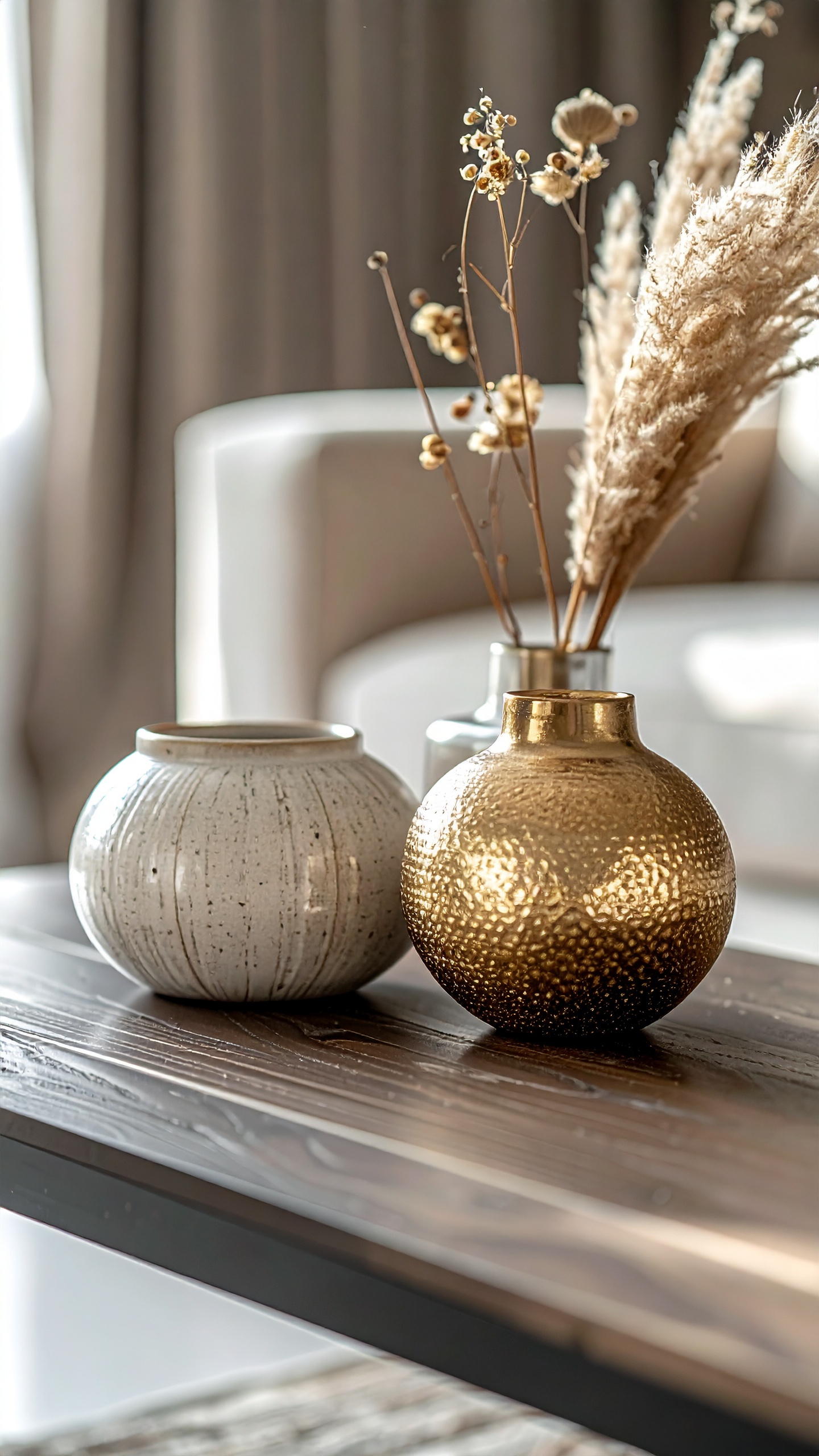 Elegant decorative vases with dried flowers on a wooden table