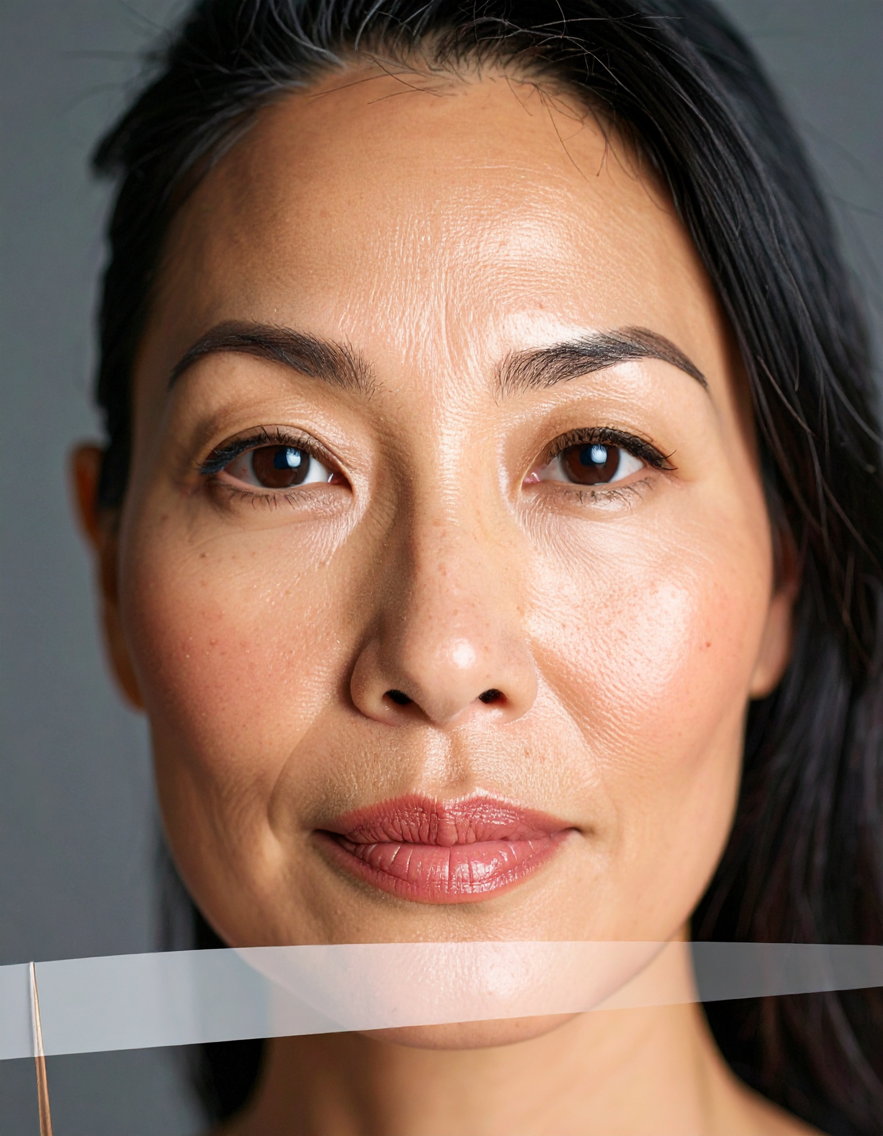 A close-up of a woman's face showcases clear, smooth skin and natural beauty