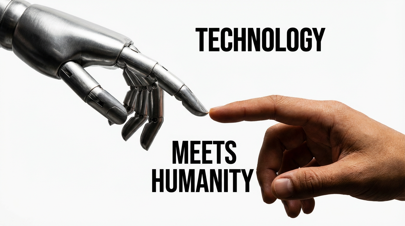 A robotic hand reaching out to touch a human finger symbolizes the fusion of technology and humanity