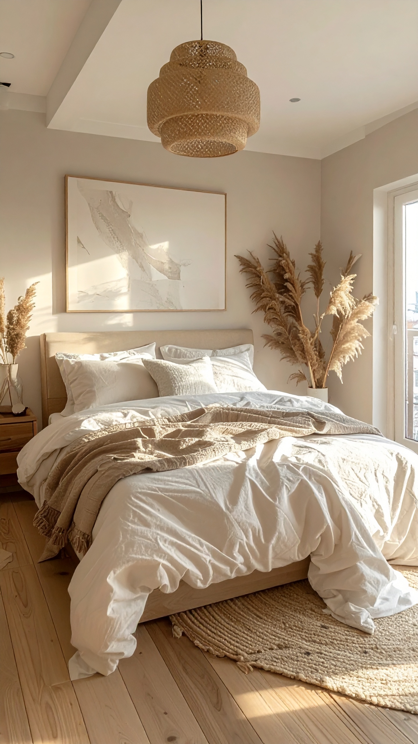 Warm and inviting bedroom with neutral tones and natural textures