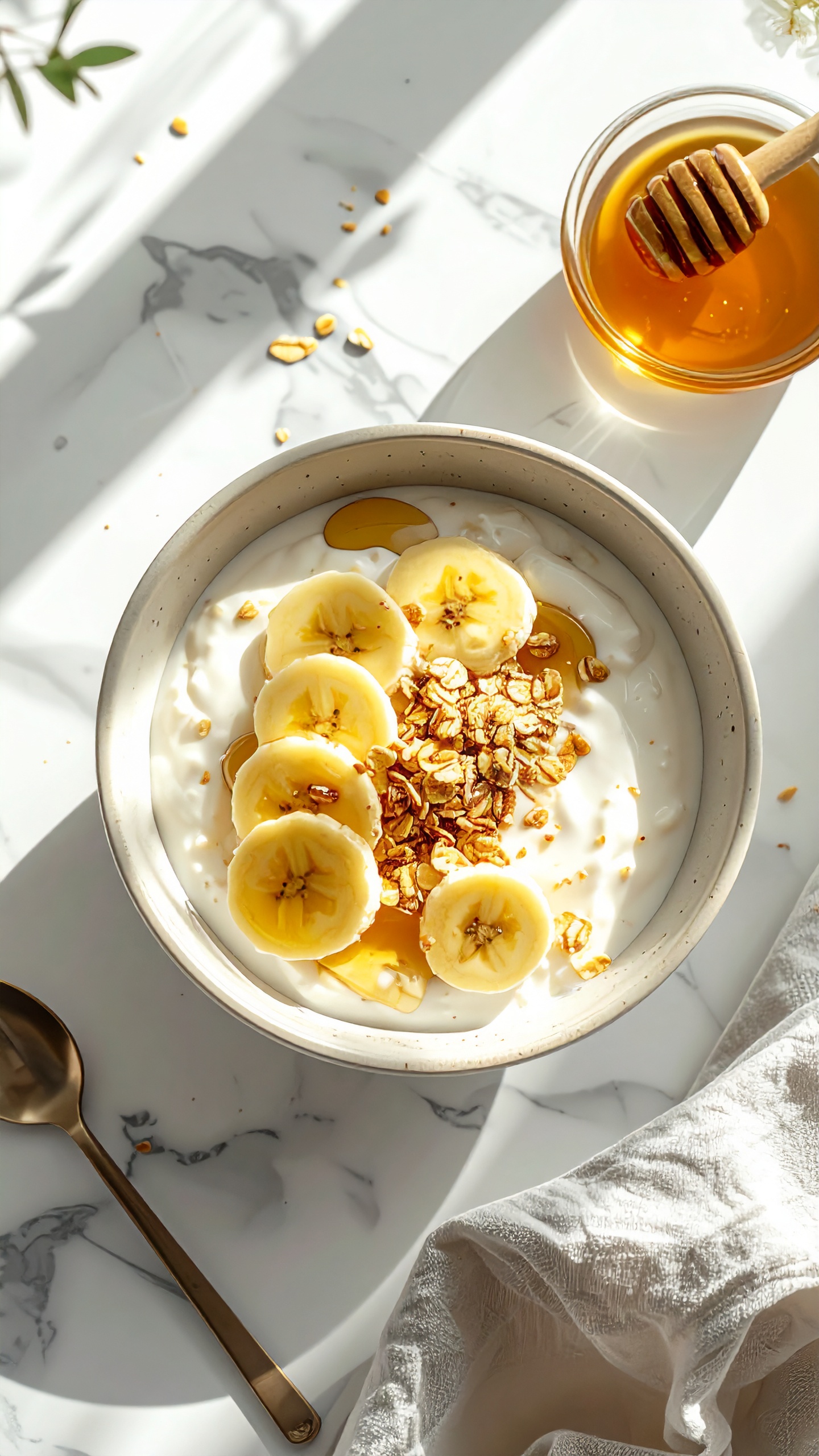 Tigela de cerâmica com iogurte coberto por fatias de banana, granola e mel, em uma composição minimalista sobre superfície de mármore. Iluminação natural realça as texturas e cores vibrantes, criando uma atmosfera convidativa e fresca. O ângulo superior destaca os detalhes e a simetria do arranjo, com foco nítido nos ingredientes.