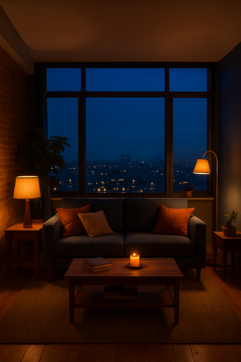 Cozy living room with warm lighting and a cityscape view