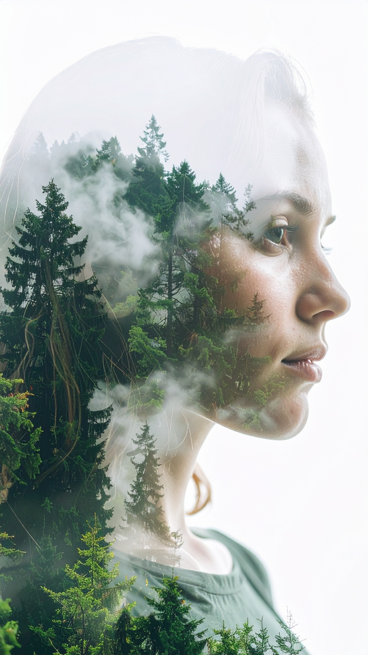 A serene double exposure combines a woman's profile with lush green forest imagery