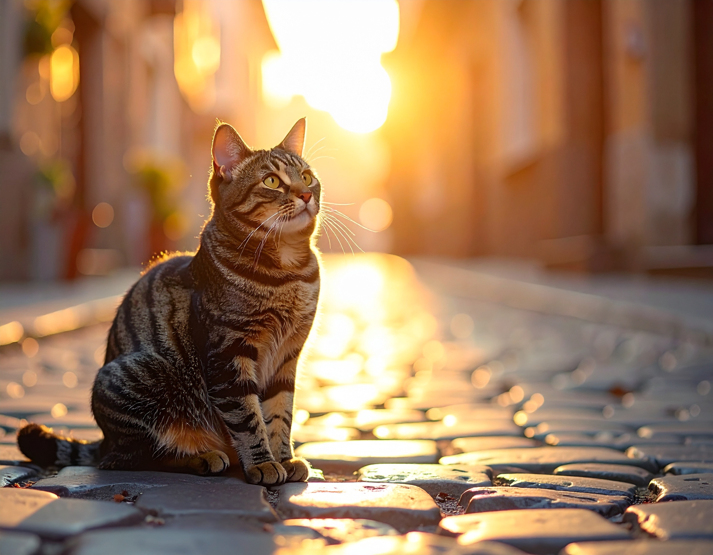 Um gato tigrado sentado em uma rua de paralelepípedos ao pôr do sol, com luz dourada iluminando seus pelos e criando um efeito suave de bokeh ao fundo, destacando a textura do pavimento e o ambiente urbano sereno.