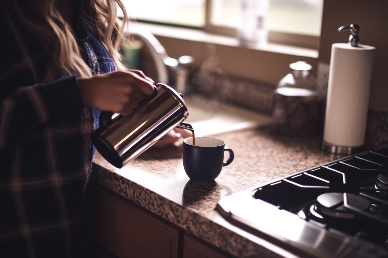 A imagem retrata uma cena aconchegante em uma cozinha, onde uma pessoa está vertendo café de uma prensa francesa em uma caneca azul. A luz suave ilumina a cena, destacando o contraste entre a caneca e a superfície da bancada de granito. Vapor se eleva da caneca, sugerindo que a bebida está quente.