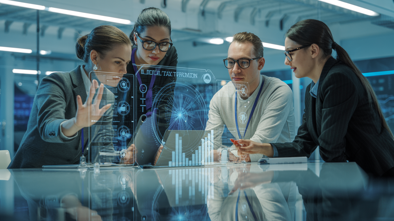 Four Professionals Collaborating in a Modern Conference Room