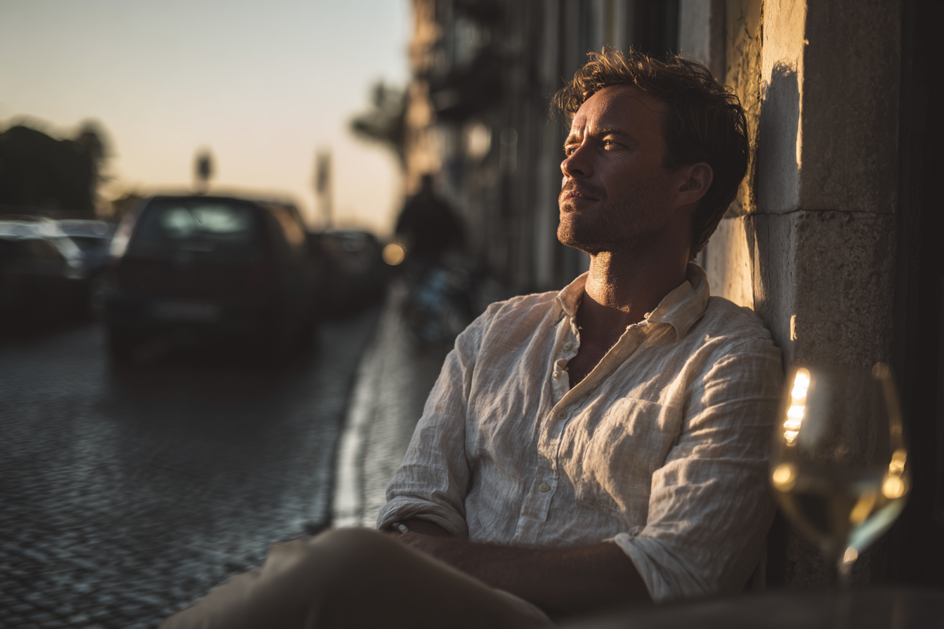 Um homem relaxando em uma calçada ao entardecer, vestido com uma camisa de linho clara, enquanto observa a paisagem urbana. Um copo de vinho branco reflete a luz do sol, criando uma atmosfera tranquila e contemplativa.
