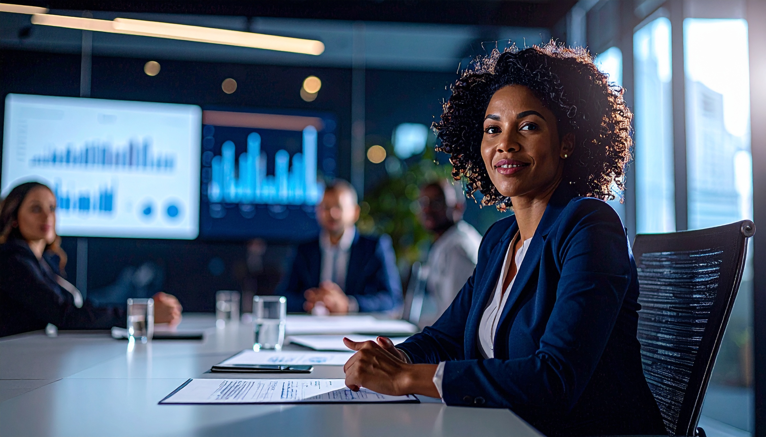 Sala de reuniões moderna com iluminação suave destacando uma mulher em foco, sentada à mesa com documentos. Telas ao fundo exibem gráficos, sugerindo um ambiente corporativo e profissional. A composição equilibrada e a profundidade de campo trazem atenção à expressão confiante da mulher.