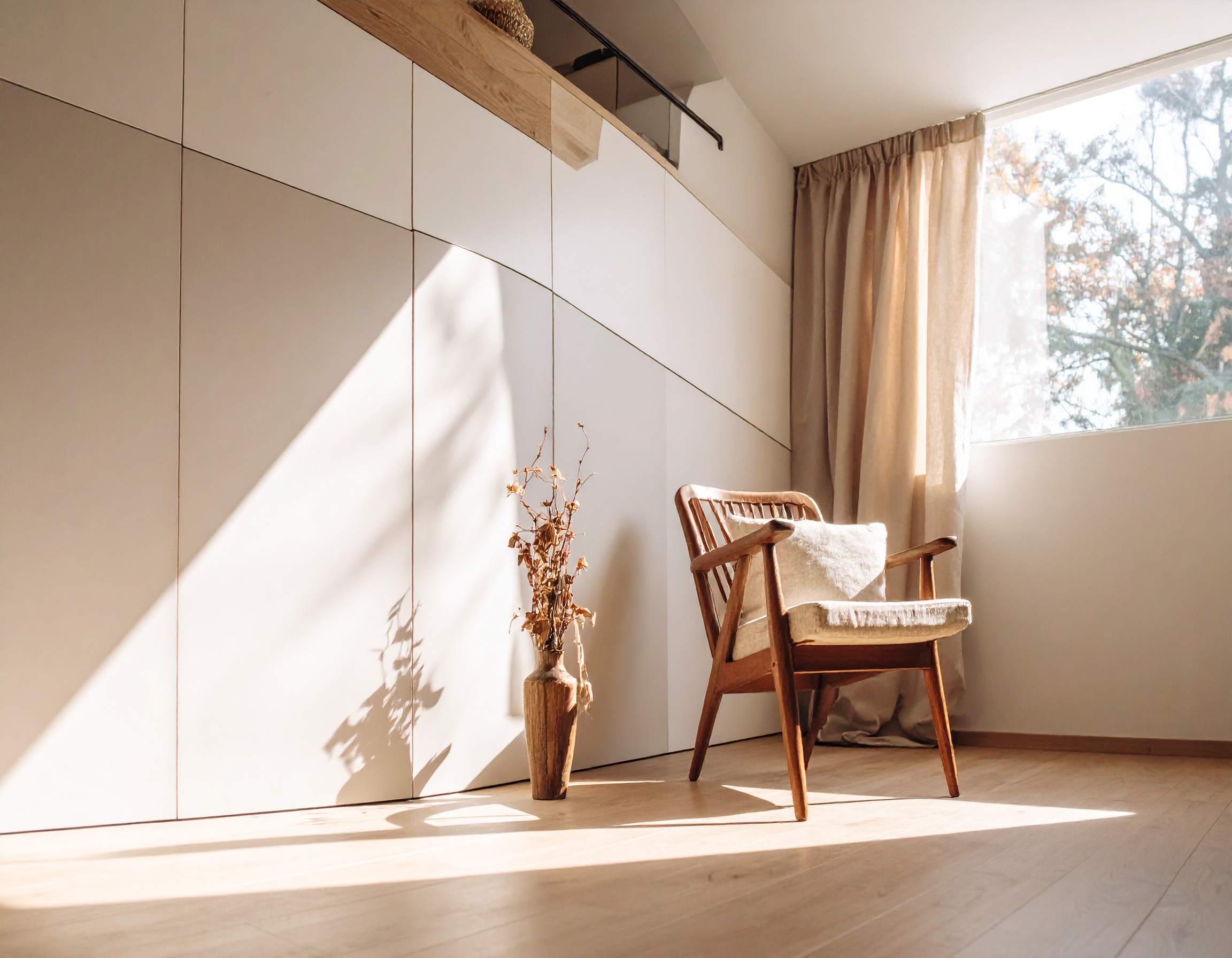 Bright, minimalist room with a wooden chair by the window
