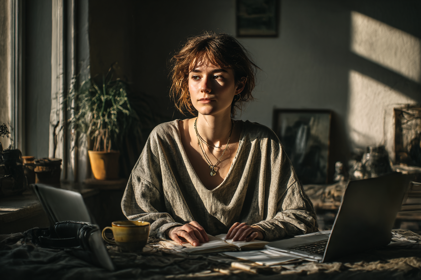 Mulher pensativa sentada à mesa em um ambiente iluminado, com laptop, caderno e caneca de café. A decoração inclui plantas e objetos artísticos, criando uma atmosfera acolhedora e inspiradora para trabalho ou estudo.