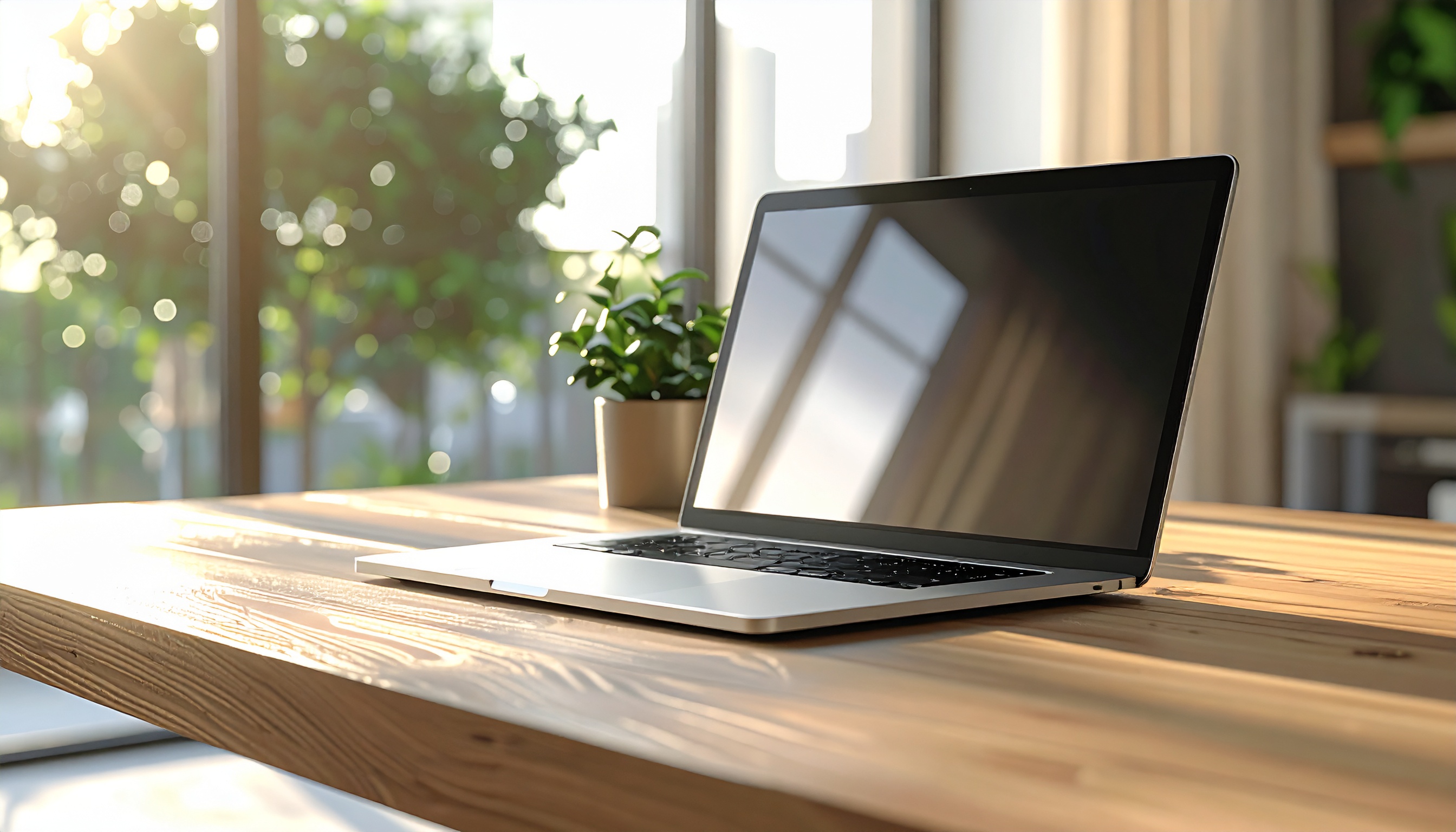 Modern Laptop on Wooden Desk with Natural Light