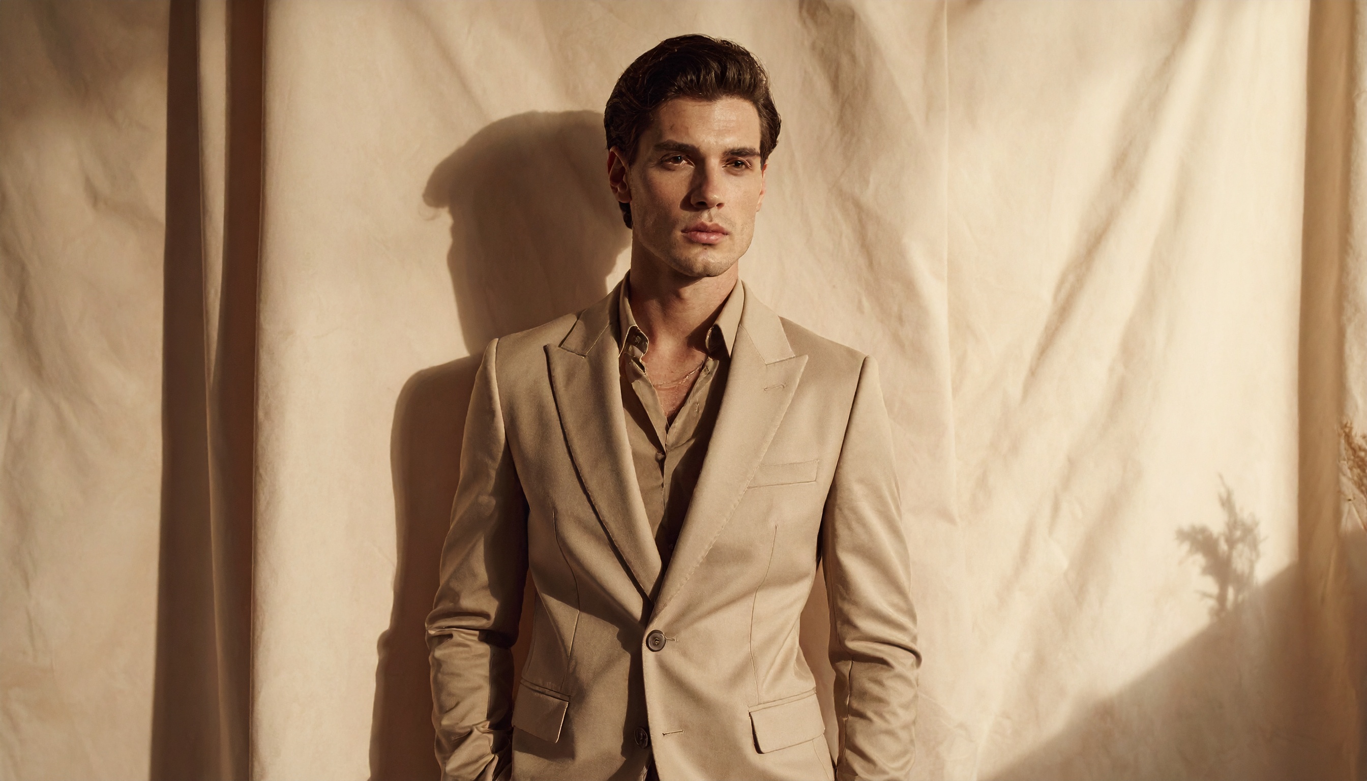 Homem elegante veste terno bege em ambiente sofisticado. Ideal para ocasiões formais e eventos de gala, o terno transmite sofisticação e estilo clássico. O tecido bege é destacado por uma iluminação suave e sombras bem definidas. Perfeito para uso em eventos noturnos ou casamentos, onde elegância é essencial. A versatilidade do bege permite fácil combinação com acessórios variados.