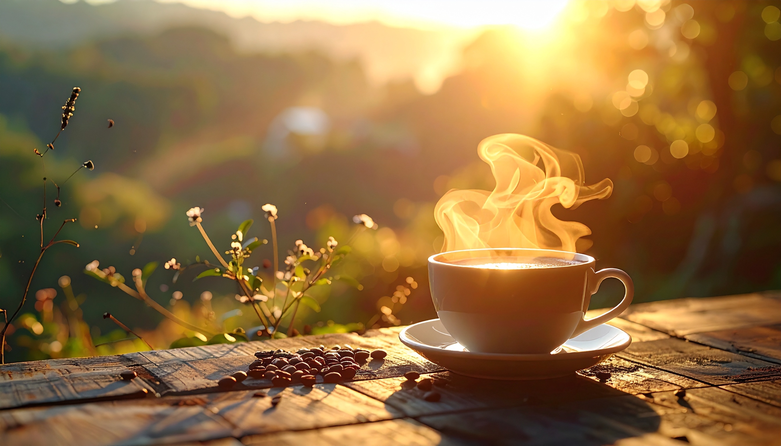 Hot Coffee Cup on Rustic Wooden Table Outdoors