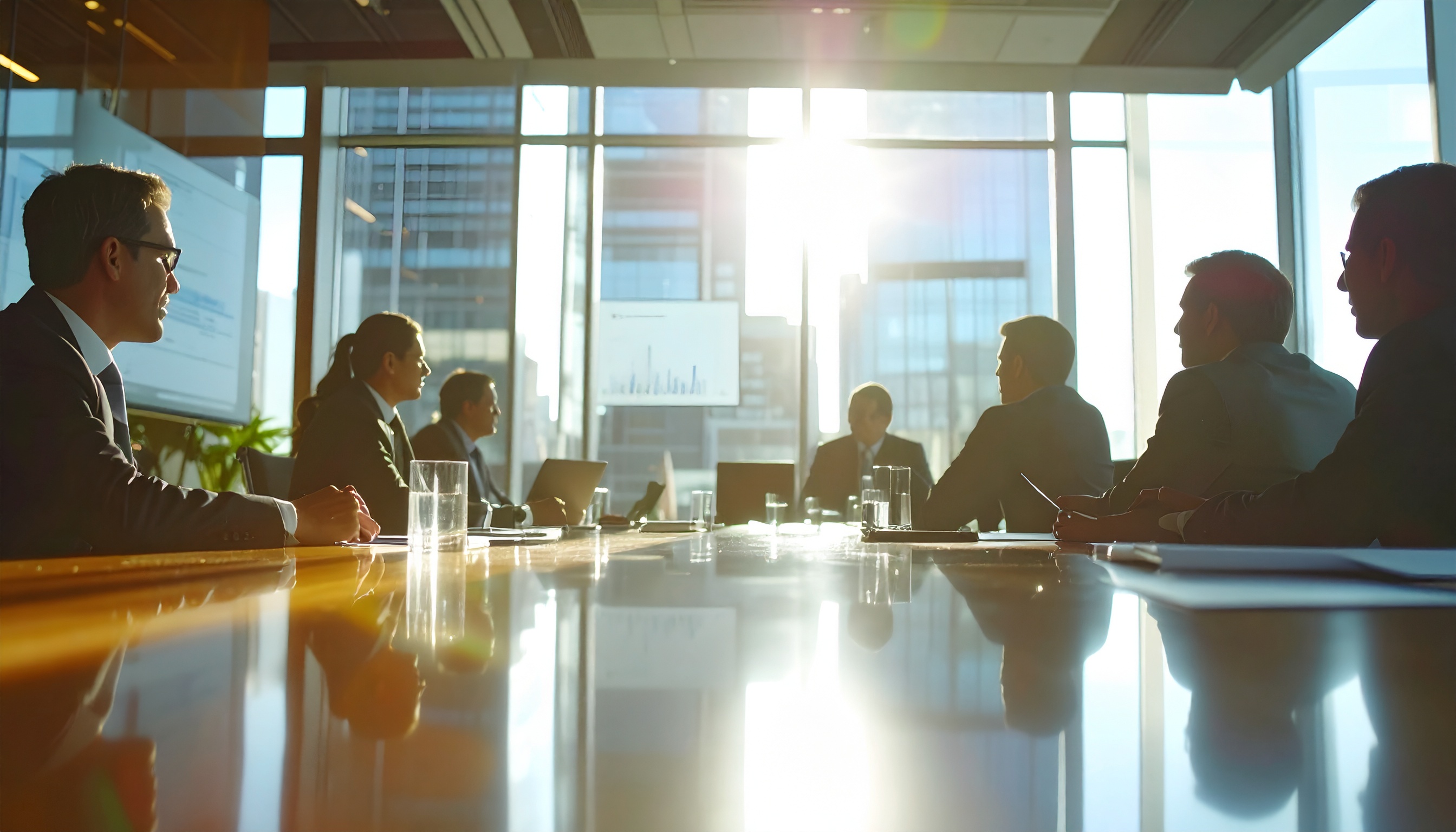 Reunião de negócios em sala de conferência moderna com grandes janelas, iluminação solar intensa criando reflexos no longo mesa de madeira, pessoas em trajes formais discutem ao redor da mesa, ambiente corporativo profissional com laptops e gráficos no fundo.