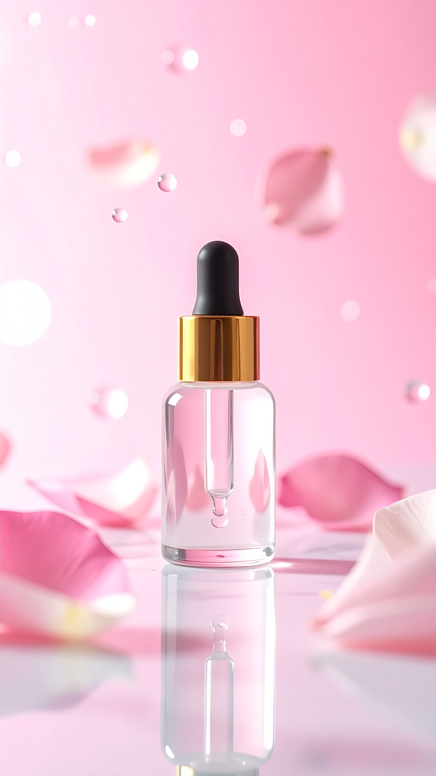 Frasco de vidro com conta-gotas dourado em fundo rosa suave. Ideal para armazenar e aplicar produtos de beleza como séruns e óleos essenciais. O fundo rosa e as pétalas flutuantes conferem um ar romântico e delicado. Perfeito para lojas de cosméticos, vitrines ou material promocional. Destaca-se pela sua elegância e versatilidade na apresentação de produtos de alta qualidade.
