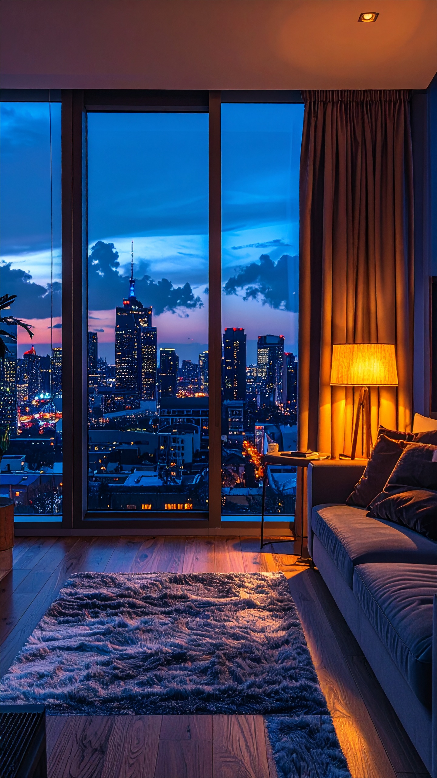 A luxurious living room offers a stunning cityscape view through large glass windows at dusk