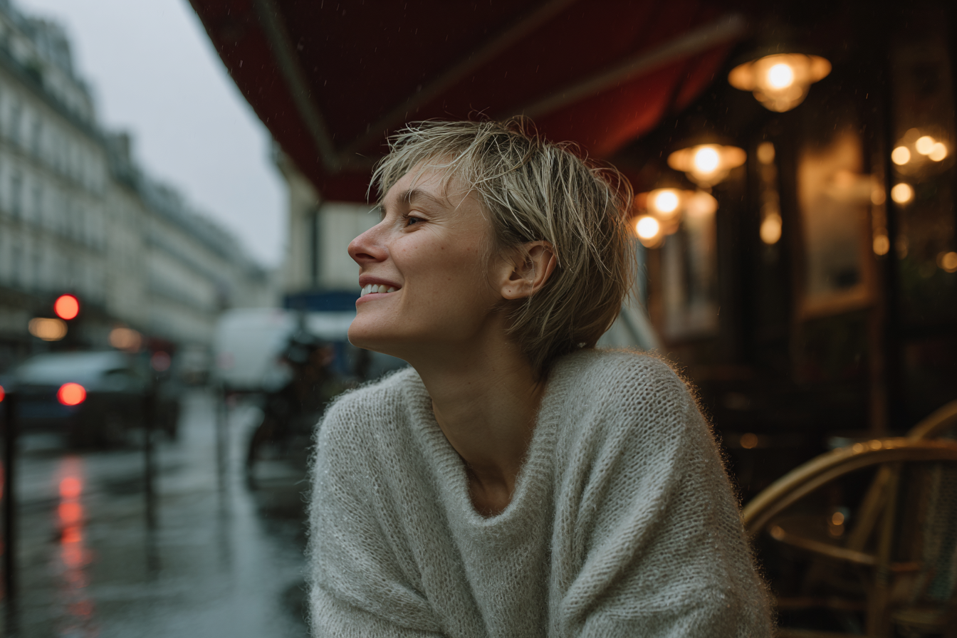 Uma jovem mulher sorrindo enquanto observa a chuva em uma rua de Paris, vestindo um suéter de lã. A cena captura a atmosfera nostálgica de uma cidade europeia em um dia chuvoso, com luzes de cafés visíveis ao fundo.
