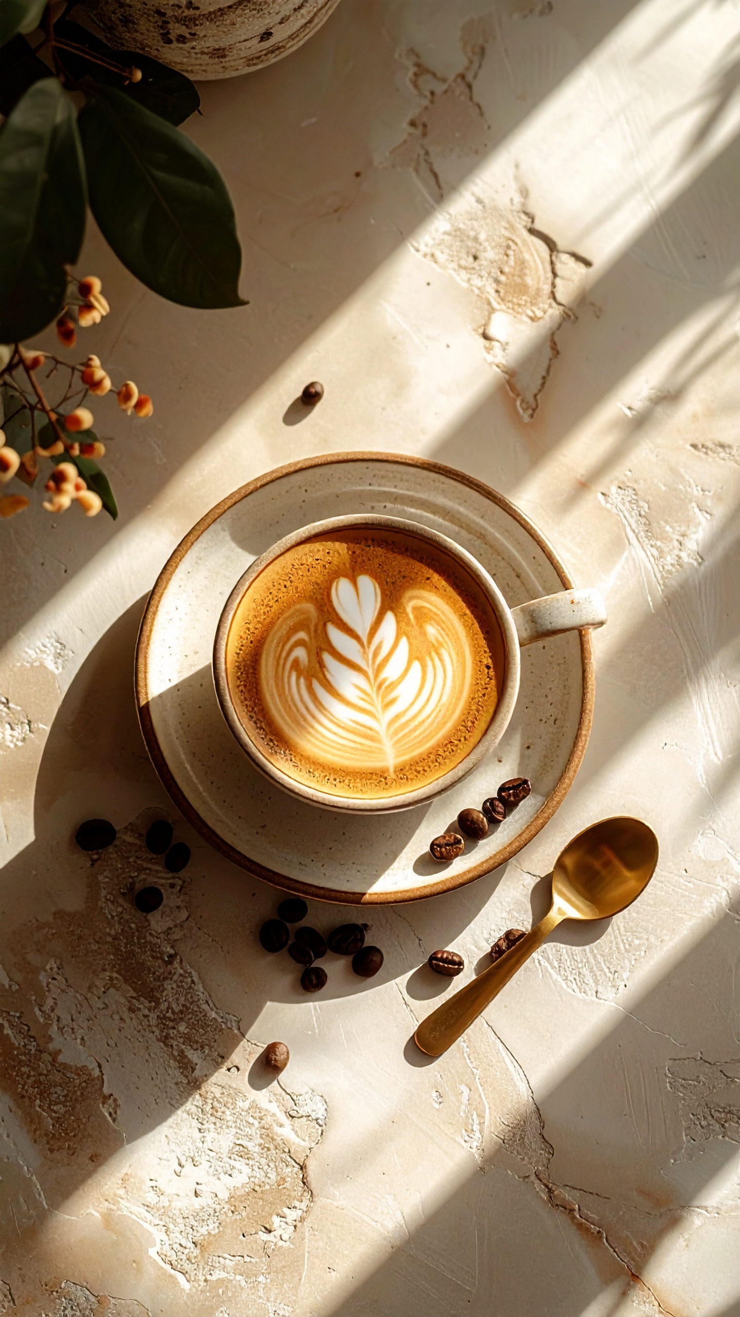 A cappuccino with delicate latte art sits on a textured surface, accompanied by a gold