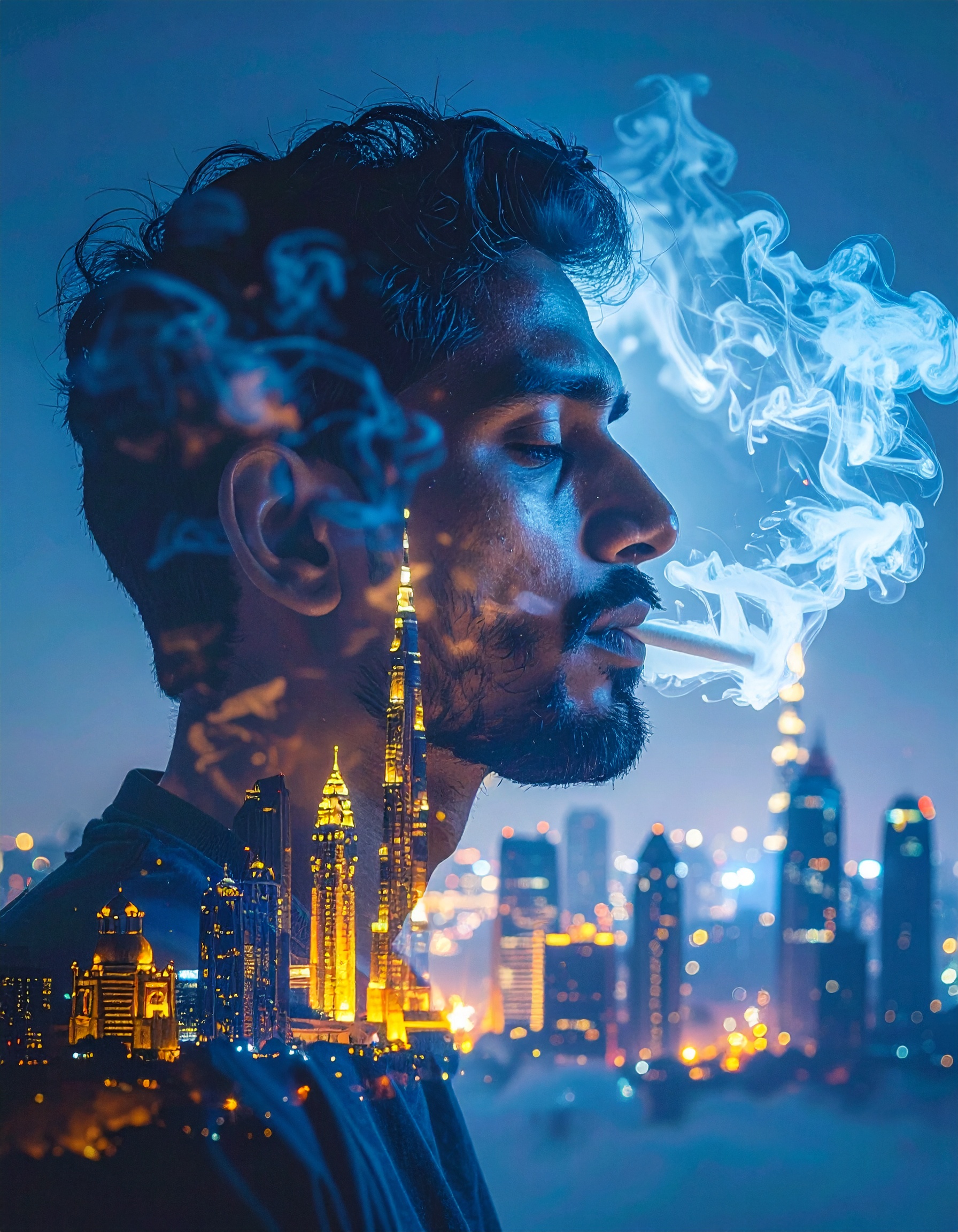 A man smoking with a cityscape overlay creates a striking visual