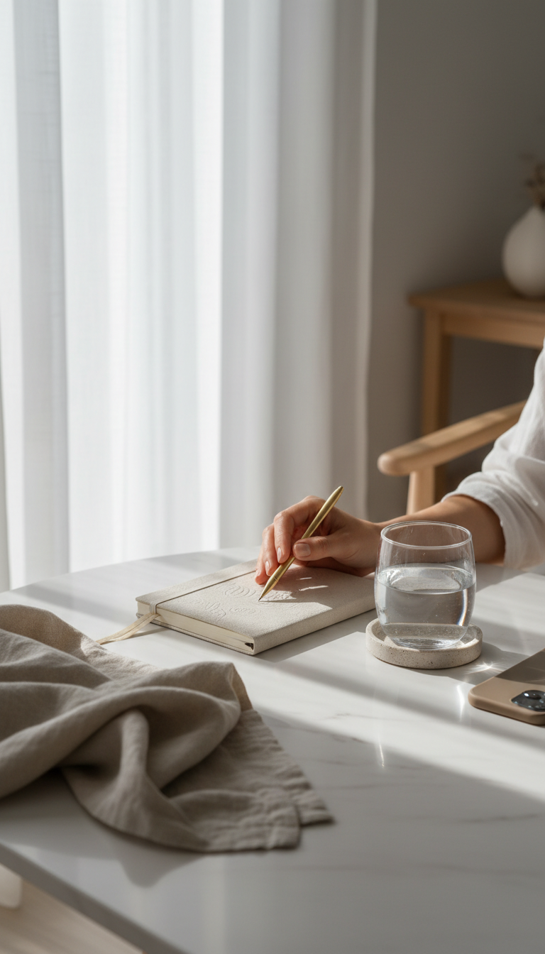 A hand elegantly writes in a textured journal on a sunlit marble table
