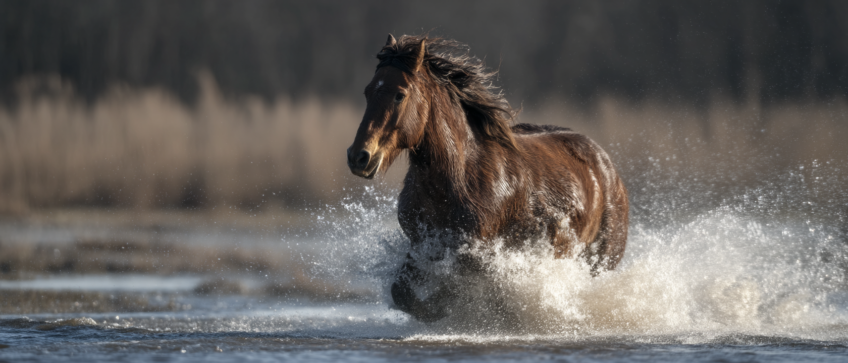 A imagem apresenta um cavalo marrom correndo através de uma superfície aquática, criando respingos de água ao seu redor. O fundo é composto por uma vegetação difusa em tons de marrom e verde, enquanto a luz do sol reflete sobre a água, destacando a pelagem brilhante do cavalo e os detalhes da água em movimento.
