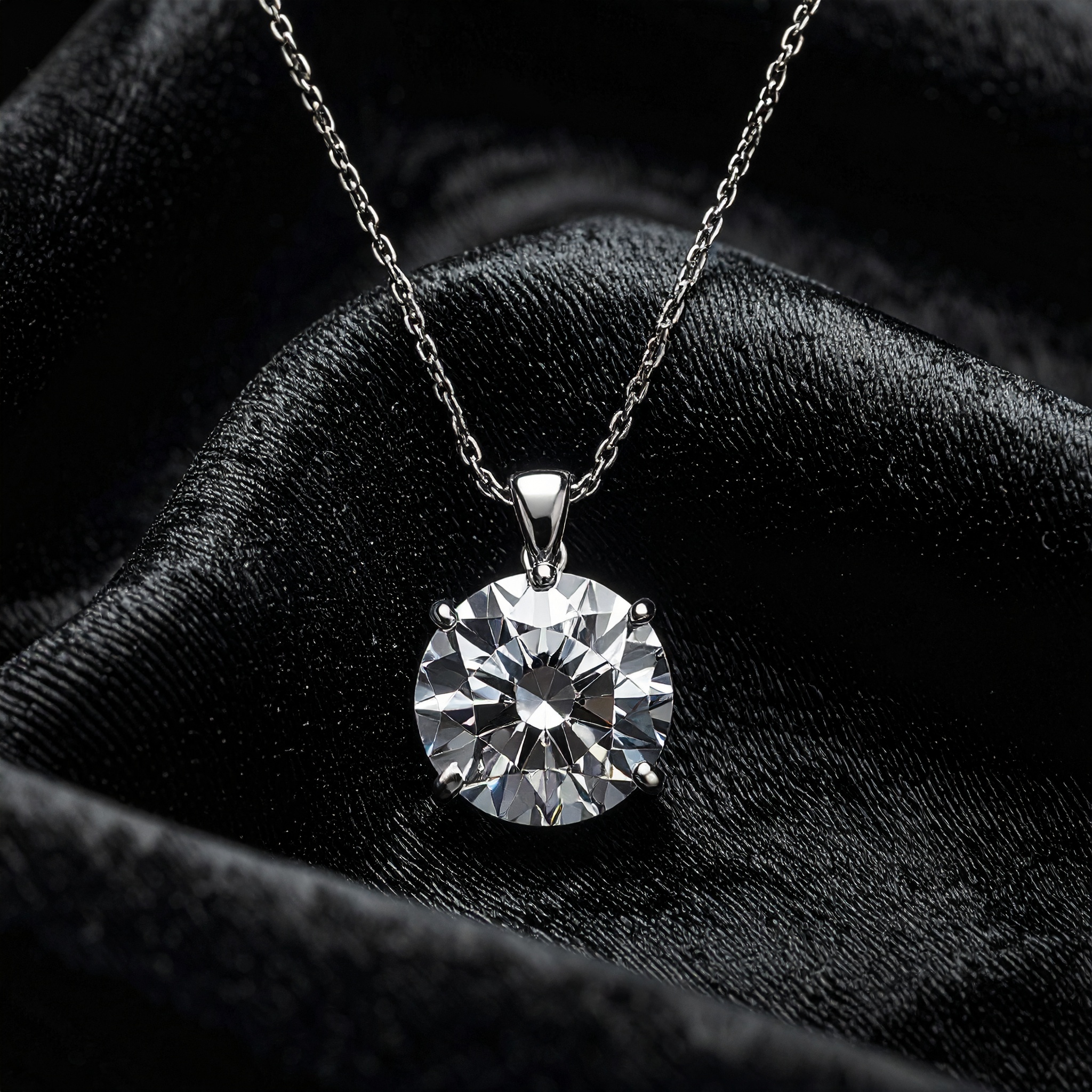 Colar elegante com pingente de diamante brilhante repousa sobre tecido preto acetinado, transmitindo luxo e sofisticação. Ideal para ocasiões especiais, refletindo luz e requinte.