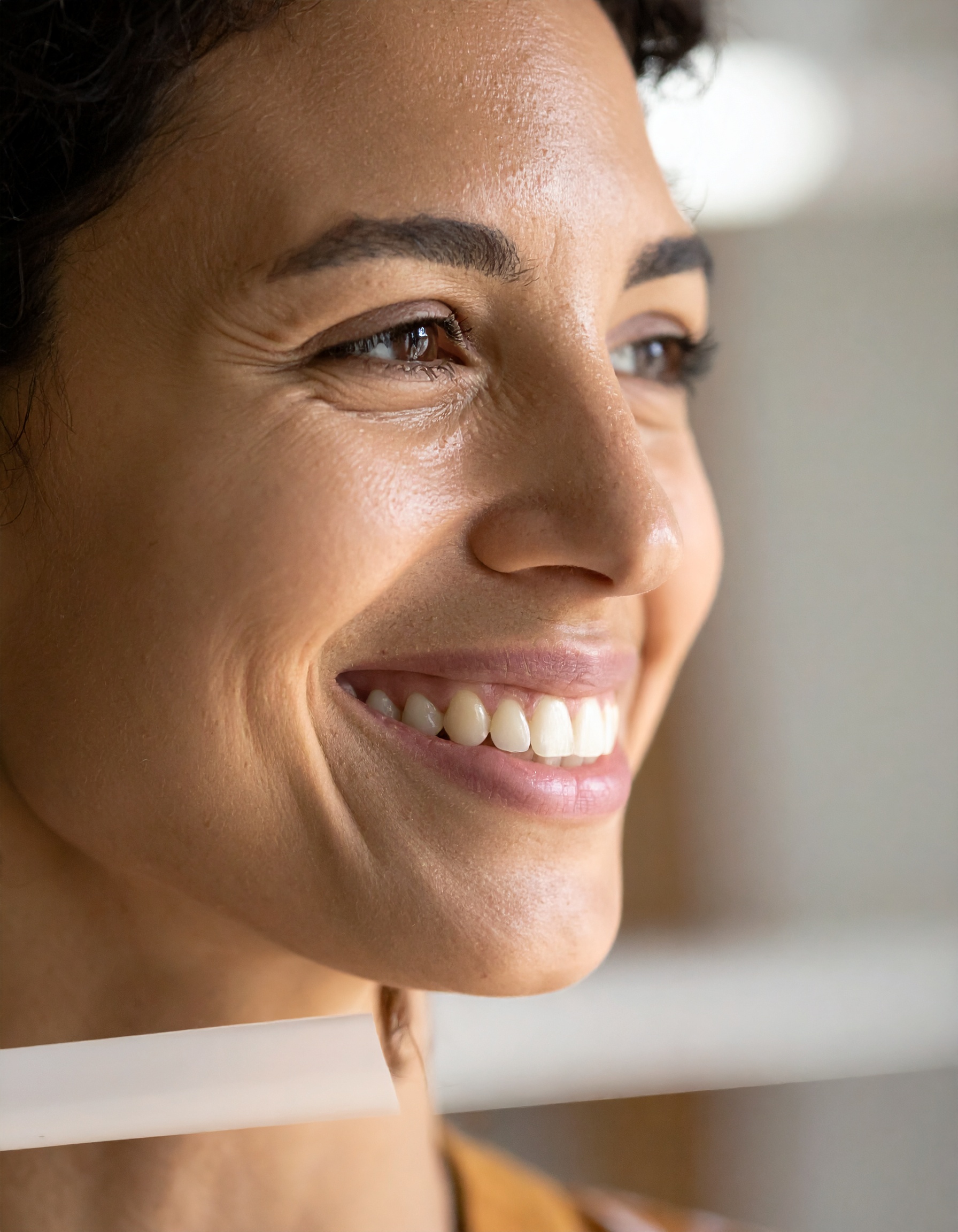 A woman with a radiant smile exudes happiness and confidence