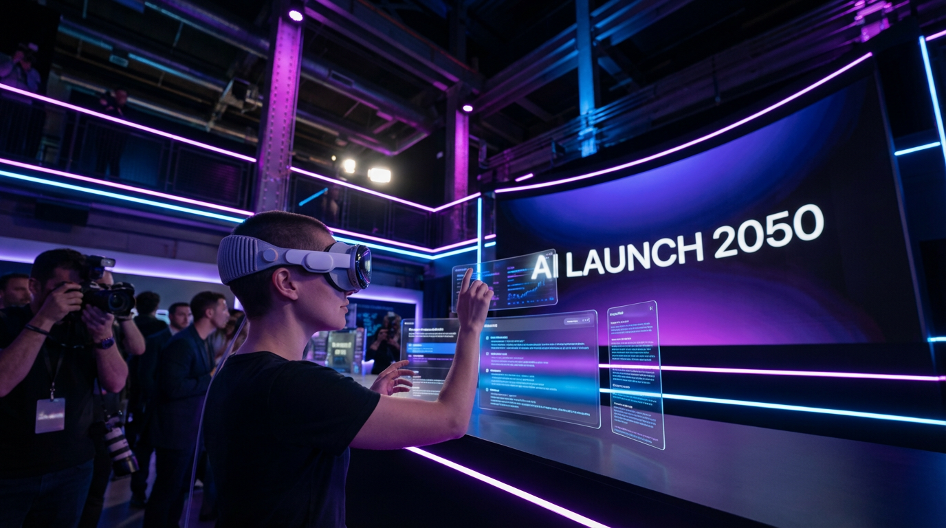 A person interacts with a virtual interface at a futuristic AI event