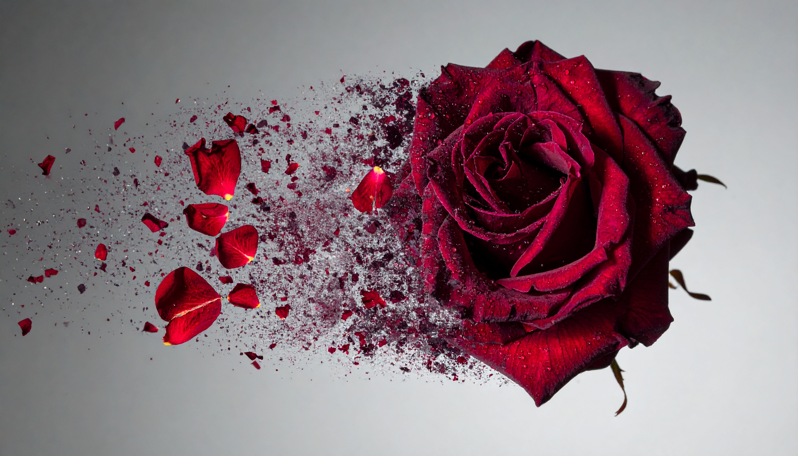 A deep red rose disintegrates into petals against a grey background